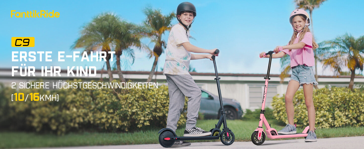 FanttikRide C9 Elektroroller für Kinder ab 8 Jahren, 10/16 km/h, 5 Meilen Reichweite, LED-Anzeige, höhenverstellbar, faltbar, Gummiräder, leicht, Geschenke für Jungen und Mädchen bis 132 Pfund