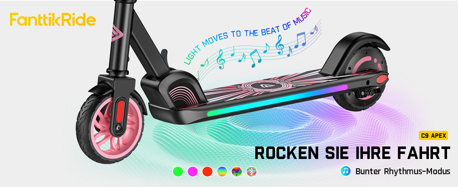 FanttikRide C9 Apex Elektroroller für Kinder im Alter von 8–12 Jahren, Bluetooth-Musiklautsprecher, Bunte Regenbogenlichter, 8/12,8/16 km/h, Faltbarer Elektroroller, Geschenk für Teenager