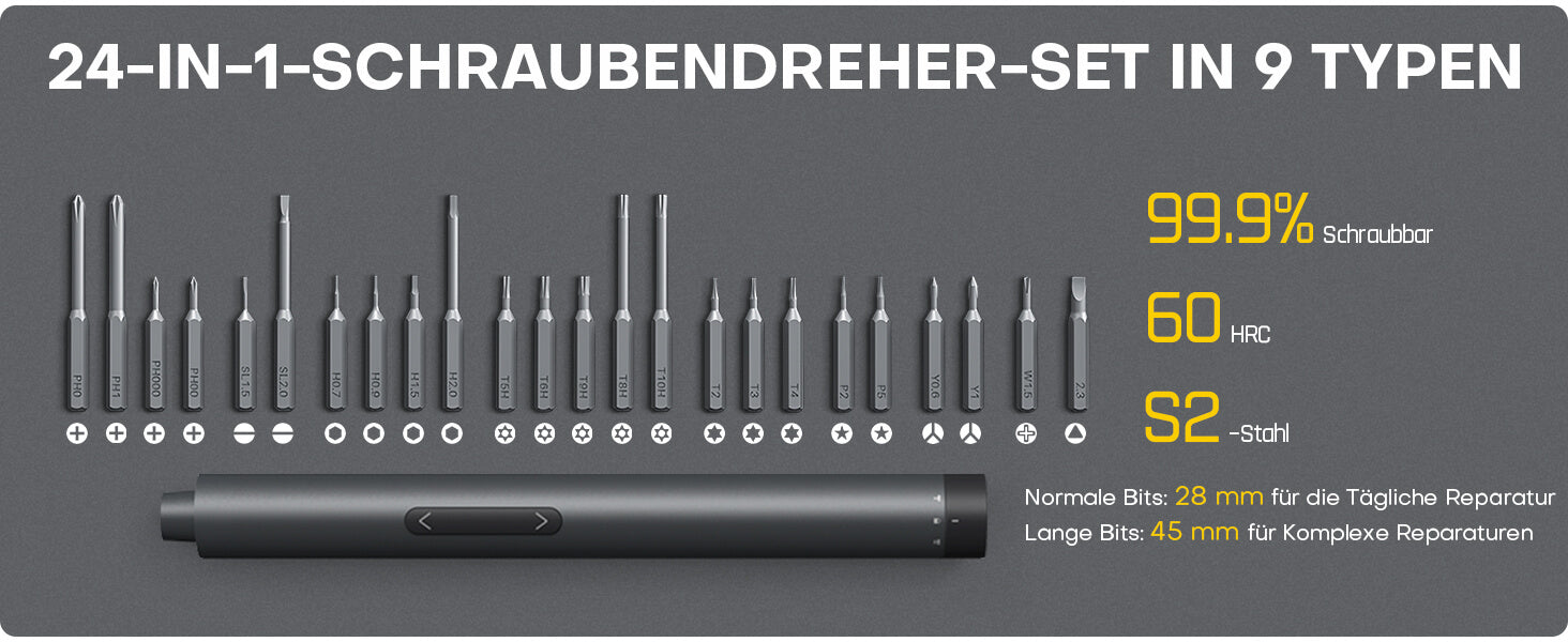 Fanttik E1 Pro Elektrisches Schraubendreher Präzision mit 24 Magnetbohrern, 2 Drehmomentstufen, 5/32" Sechskant, geeignet für die Wartung von iPhone, Laptop, Uhr - E1 PRO