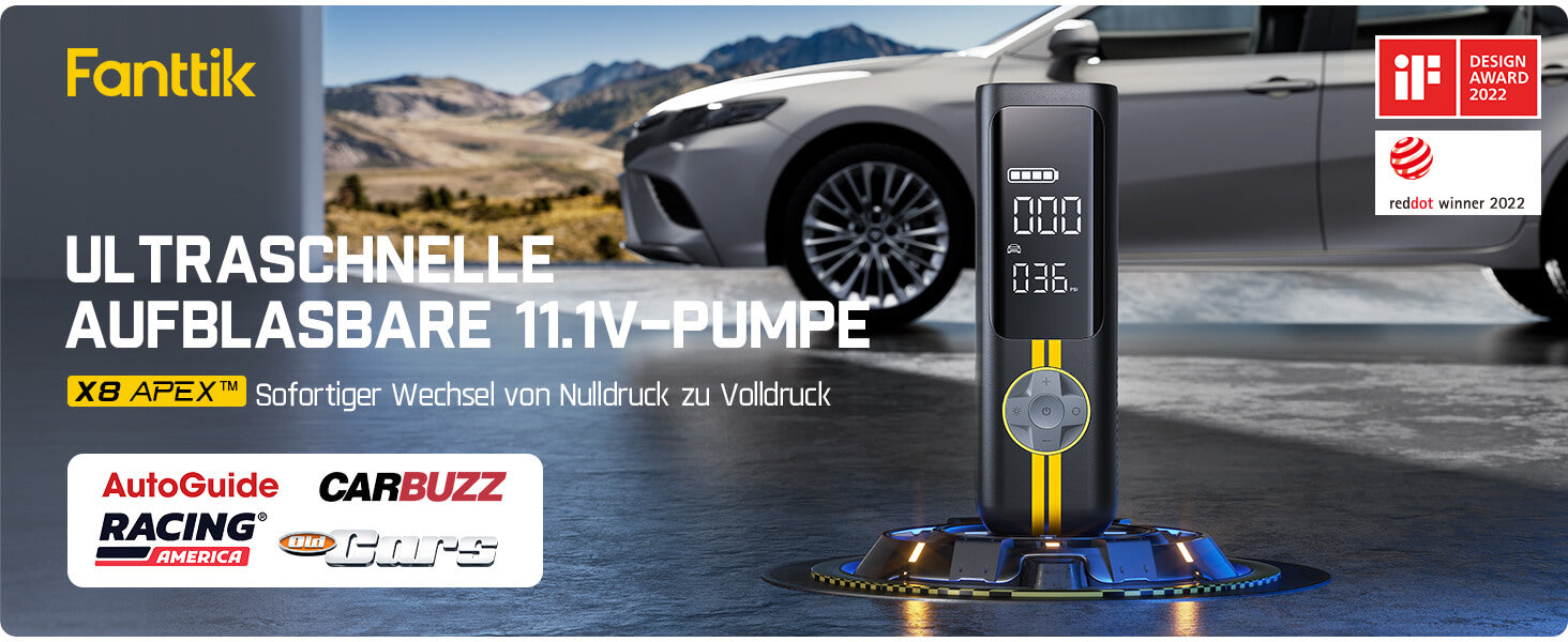 Fanttik X8 APEX™ 7800mAh Tragbare Elektronische Luftpumpe 12V, 10,3BAR / 150PSI Elektrischer Kompressor 2X Schneller, Dualer Bildschirm mit LCD, 5 Modi für Autos, E-Bikes, Motorräder, Bälle