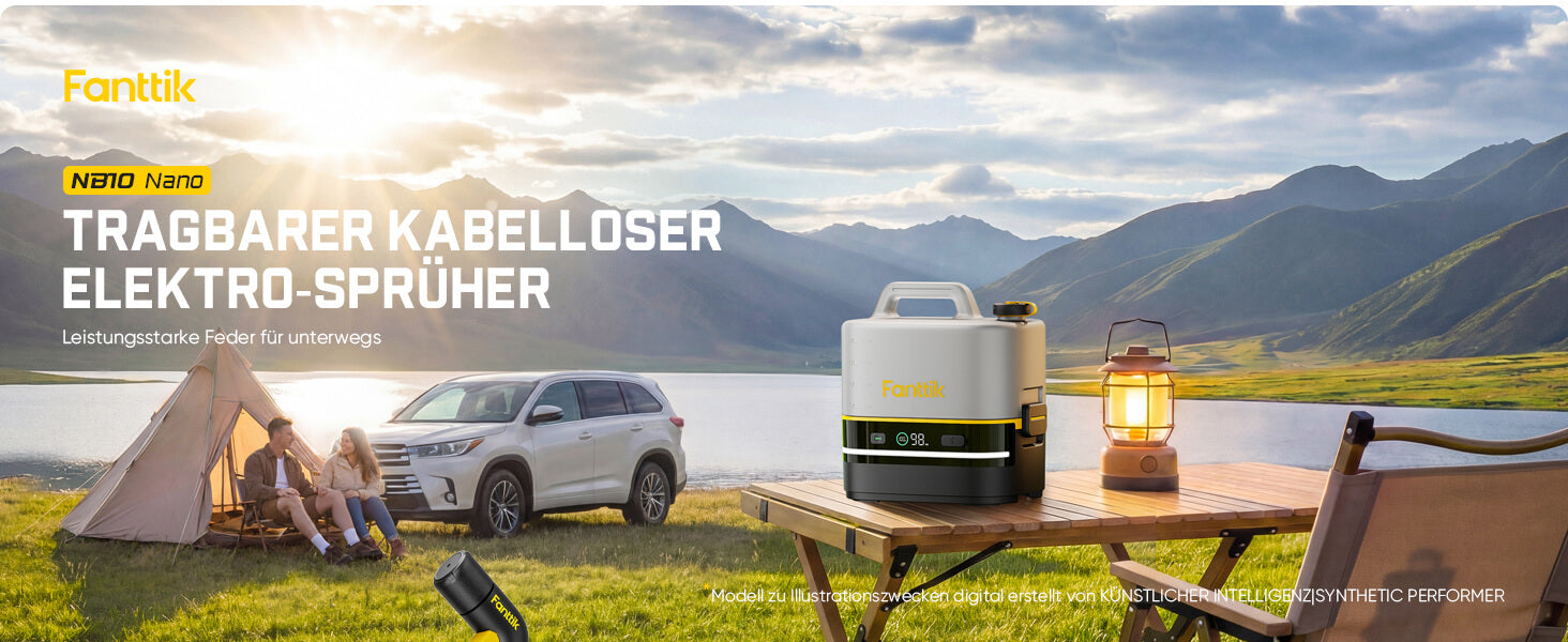 Fanttik NB10 Nano tragbarer Akku-Drucksprüher, 2,1-Gallonen-Tank, 72-98 PSI, HD-LED-Display, 4000mAh, mit Campingleuchte – tragbarer Hochdruckreiniger für Zuhause, Terrasse und Camping