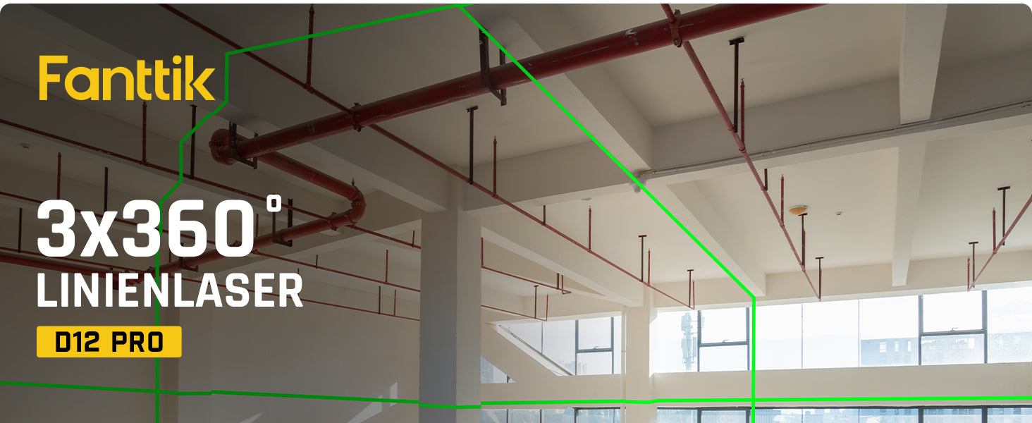 Fanttik D12 PRO Selbstnivellierend Kreuzlinienlaser 3×360°, Grün Linienlaser mit LED-Bildschirm, USB-Aufladung, 5200 mAh Batterie, Arbeitsbereich 30 m, Pulsmodus, für Baustelle/Inneneinrichtung