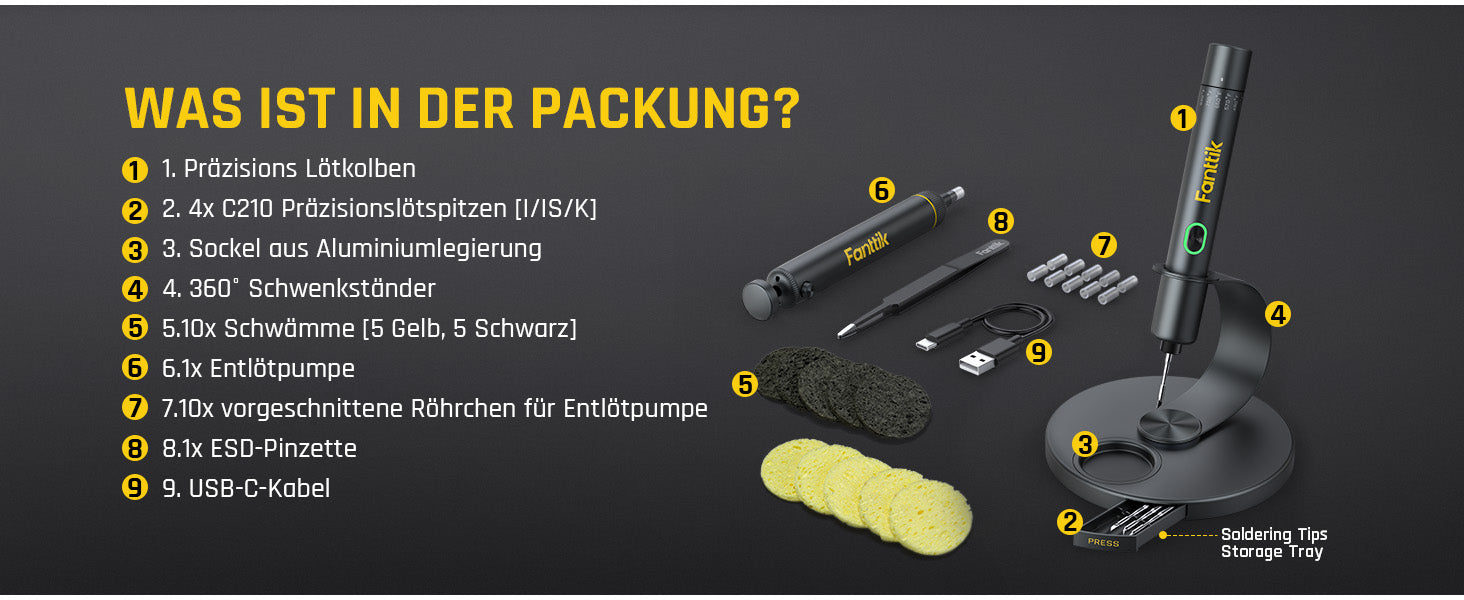Fanttik T1 Max Präzisions Lötkolben Set, kabelloser Lötkolben, 7 Sek. schnelles Aufheizen,6 Temperatur Einstellbar 200~450 ℃, 4 Lötspitzen (C210), 360° drehbarer Ständer, Lötkolben für Reparaturen
