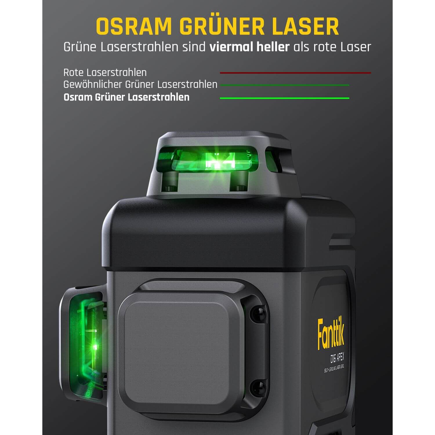 Fanttik D16 APEX Kreuzlinienlaser Grün 4x360°, 16 Linien Selbstnivellierender Linienlaser mit LED-Bildschirm, 5200 mAh Batterie Wiederaufladbar, Impulsmodus, Magnetische Unterstützung