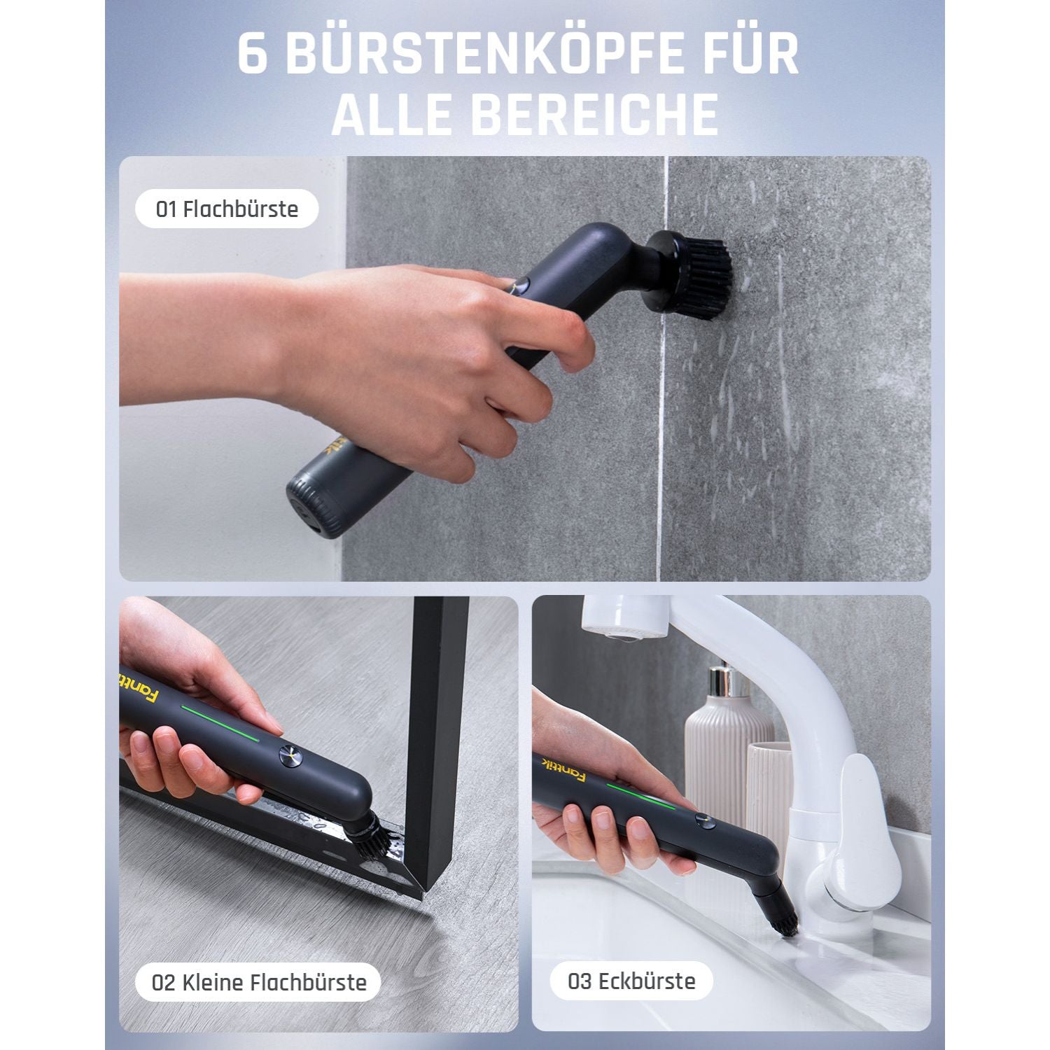 Fanttik G9 Nano Elektrischer Spin Scrubber, kabellose Fugenbürste, Typ-C-Ladung, LED-Anzeige, IPX7, 8 Aufsätze für Fugen, Ecken – Schwarz
