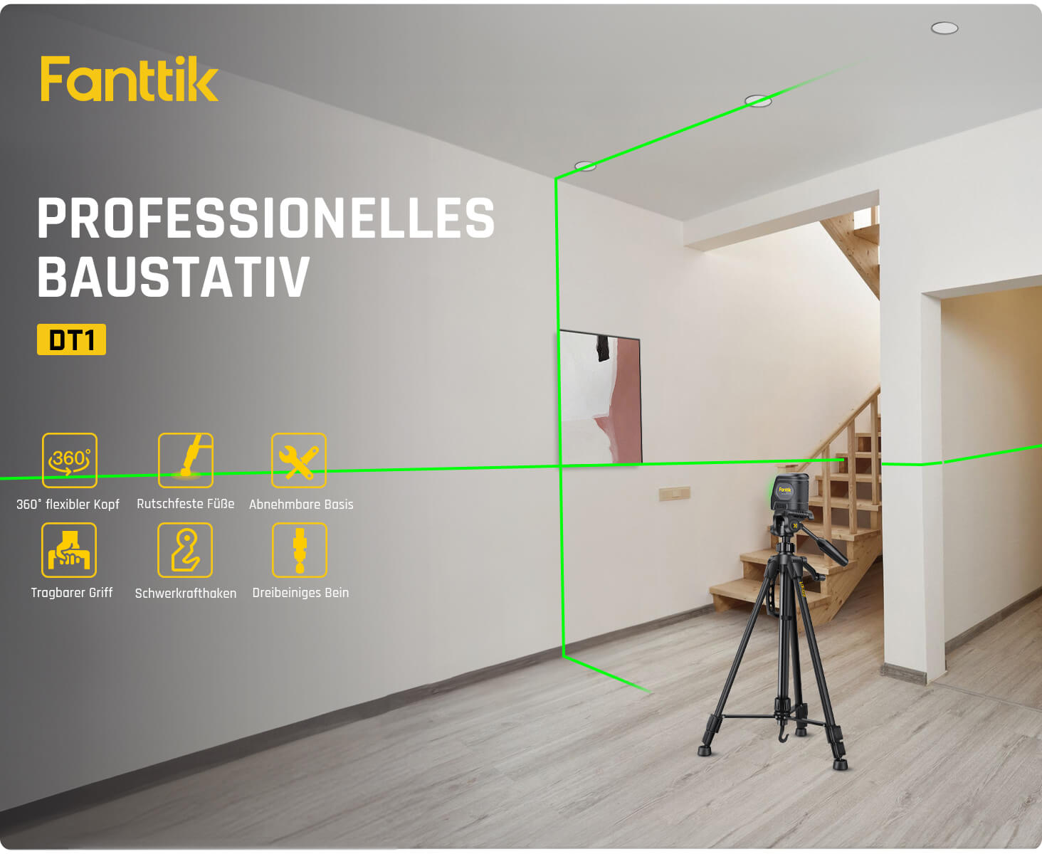 Fanttik DT1 Professional Baustativ für Kreuzlinienlaser, Nivelliergeräte und Kameras mit 3-Wege-Panoramakopf, Schnellwechselplatte mit 1/4"-20 Gewinde und Wasserwaage