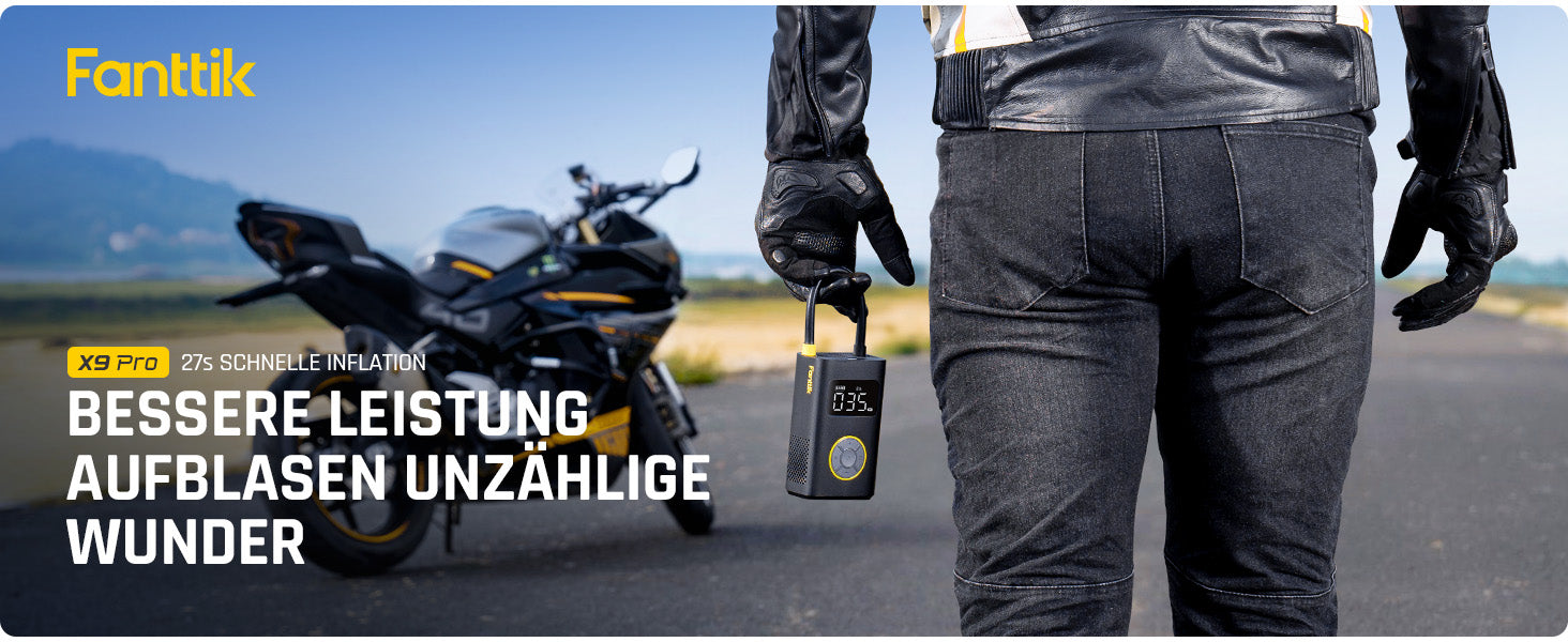 Fanttik X9 Pro Tragbare Elektronische Luftpumpe für Motorrad, 27s schnell aufblasen Elektrische Kompressor mit digitalem Reifendruckmesser, 150psi -Reifenfüller für Elektrofahrrad, Kompakt Auto, Ball