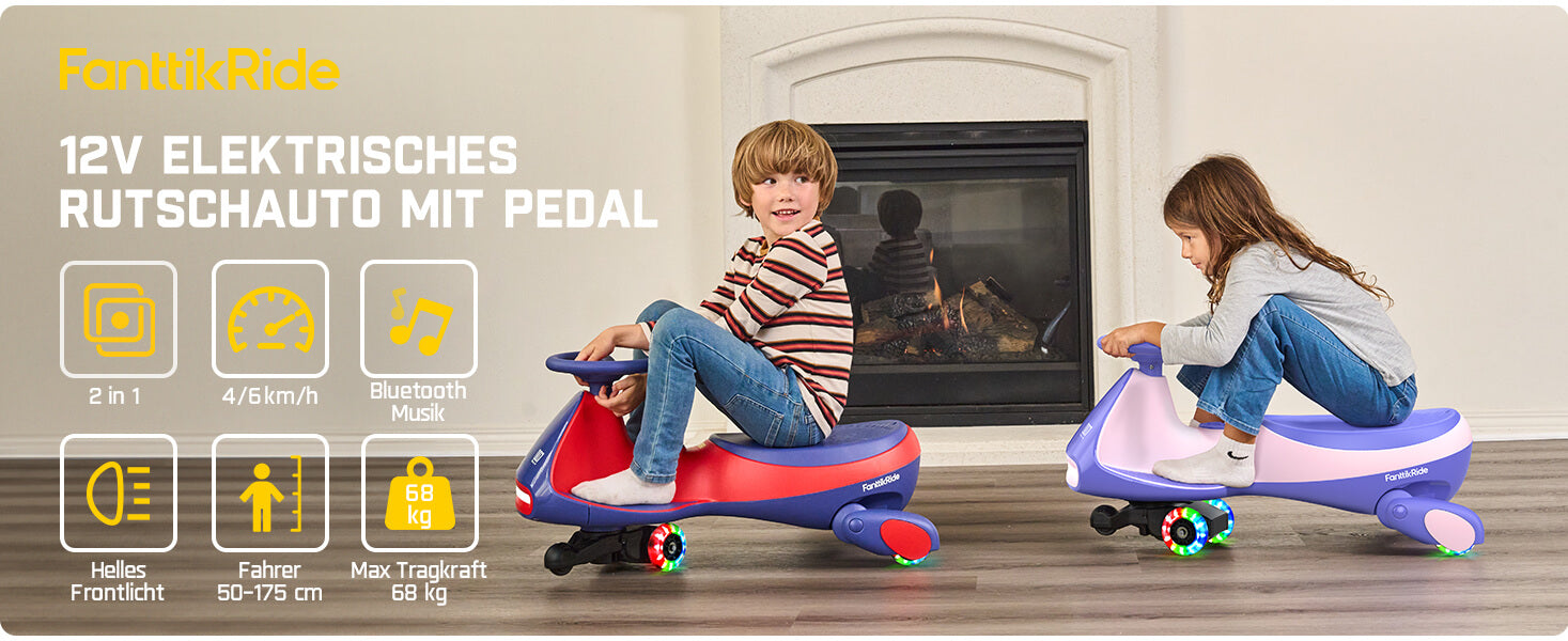 FanttikRide 12V N7 Pro Kinder Elektroauto, Elektrisches Rutschauto mit Pedal, Typ C aufladbar Batterie Kinder Auto, 2 Geschwindigkeit Kippschutz Leuchtende Räder, Bluetooth, für Kind ab 3 Jahren, Rosa