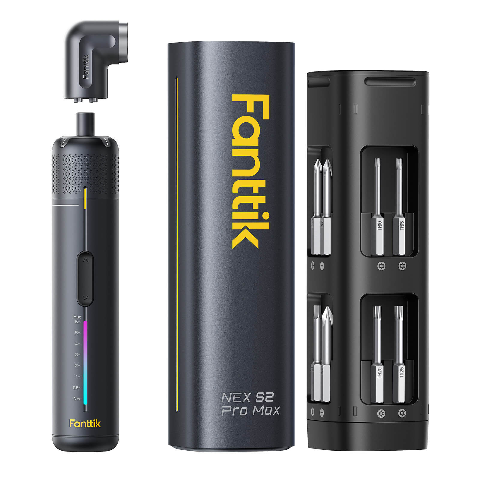 Fanttik S2 Pro Max Elektroschrauber Akkuschrauber Set, 7 Drehmomenteinstellungen, 0,5 bis 6 Nm, 16 magnetische Bits, 1/4 Zoll Sechskantschaft, mit 90°-Winkeladapter, für Möbel, Haushaltsreparaturen