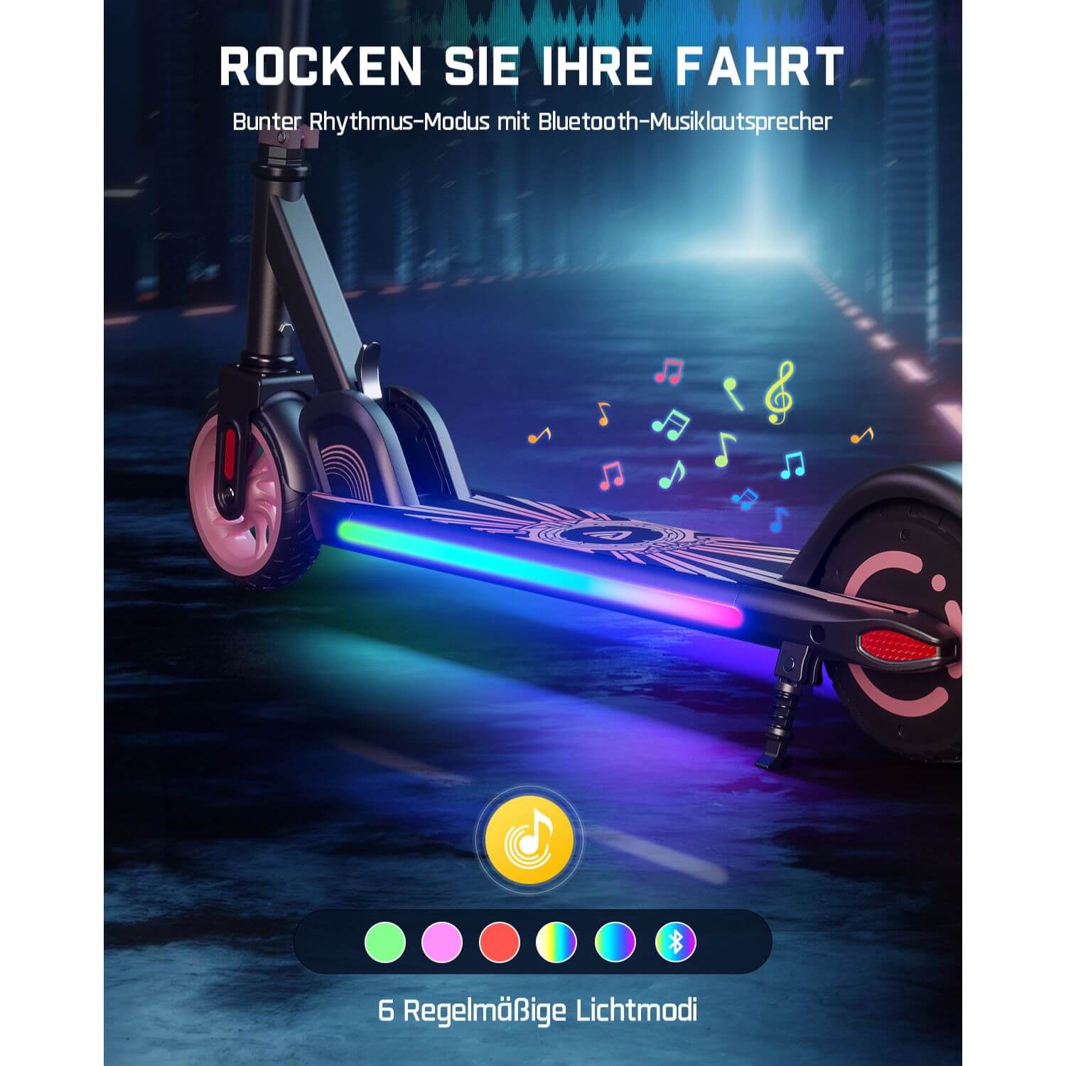 FanttikRide C9 Apex Elektroroller für Kinder im Alter von 8–12 Jahren, Bluetooth-Musiklautsprecher, Bunte Regenbogenlichter, 8/12,8/16 km/h, Faltbarer Elektroroller, Geschenk für Teenager