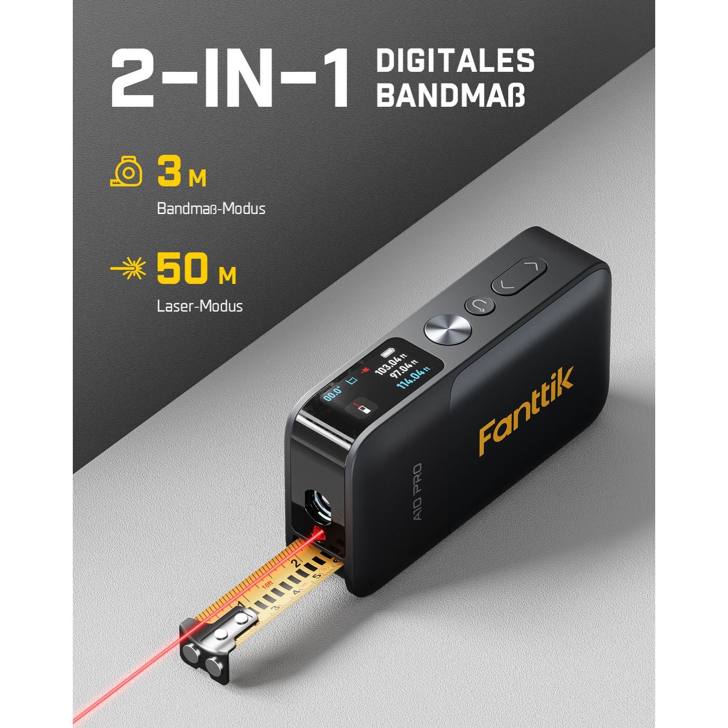 Fanttik A10 Pro 2-in-1 Digitales Laser Entfernungsmesser mit HD IPS-Farbdisplay, Wiederaufladbar 50m Laserentfernungsmesser & 3m Maßband, 6 Einheiten wählbar, Für Entfernung/Fläche/Volumen