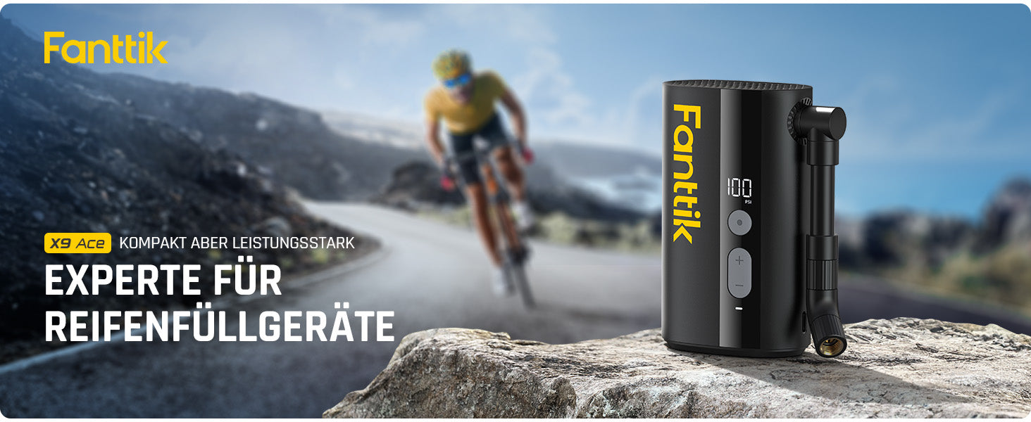 Fanttik X9 Ace Mini Fahrradpumpe, Akku Kompressor, 32s Schnellaufblasbare Elektrische Fahrradpumpe, 150 PSI Luftpumpe mit Presta- und Schrader-Ventil, für Rennrad, Mountainbike, E-Bike, Stadtrad
