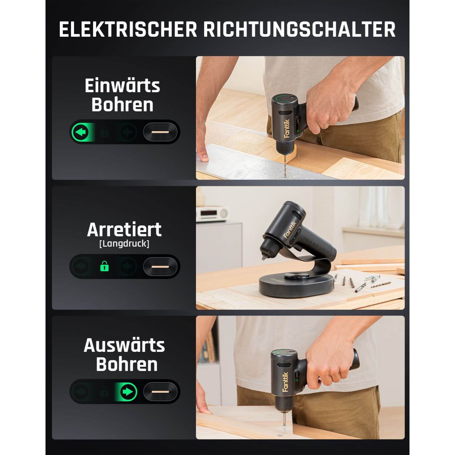 Fanttik K2 Ultra 7,4V Akku-Bohrschrauber, kabelloser Schrauber/Bohrer, 10 mm Schnellspannfutter, drehzahlregulierbar, TapSwitch-Funktion, 2500 mAh Akku, Werkzeug-Set für Heimwerker & DIY