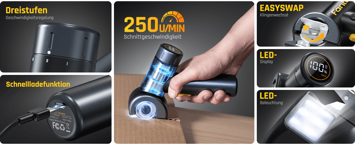 Fanttik C8 Nano Elektrische Schere, Kartonschneider Elektrisch mit Bildschirm, LED-Licht, 3 Geschwindigkeitsstufen, Wiederaufladbarer Akku, Geeignet für Stoffe, Teppiche, Leder, Kartons - Schwarz