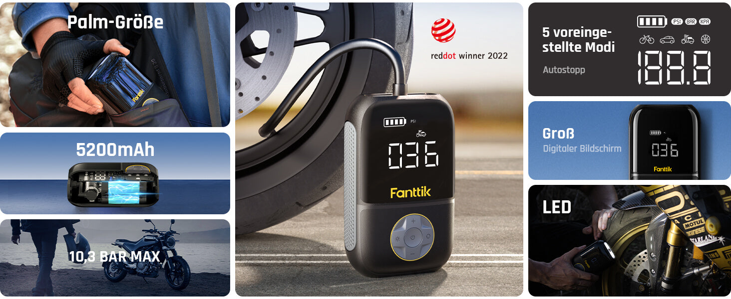 Fanttik X8 Mini Elektrische Luftpumpe, 10,3 BAR/150 PSI Tragbar Fahrradpumpe, Elektrischer Kompressor mit Digitalem LCD-Bildschirm und 4 Modi für Auto, Fahrrad, Motorrad, Bälle
