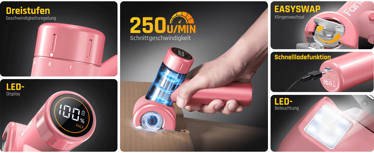 Fanttik C8 Nano Elektrische Schere, Kartonschneider Elektrisch mit Bildschirm, LED-Licht, 3 Geschwindigkeitsstufen, Wiederaufladbarer Akku, Geeignet für Stoffe, Teppiche, Leder, Kartons - Rosa