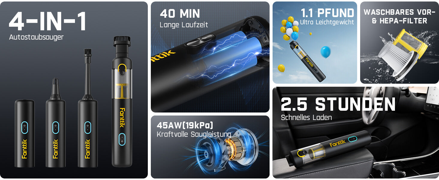 Fanttik Slim V8 Apex Akku-Autostaubsauger mit hoher Leistung, 19000 Pa/45 AW, RobustClean™-Handstaubsauger 4-in-1-Mini-Luftgebläsepumpe, Tragbarer Staubsauger für Auto und Zuhause