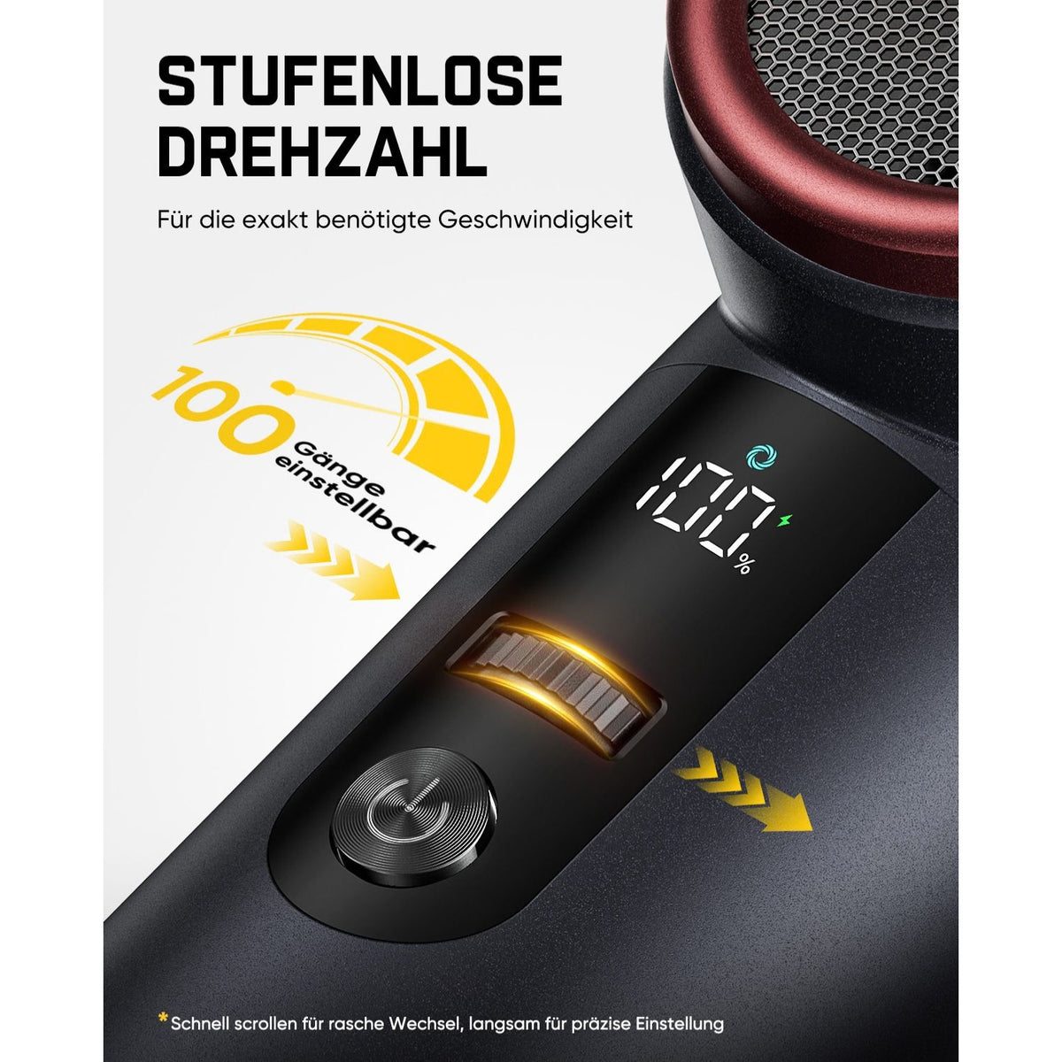 Der Fanttik B11 Pro bietet eine stufenlose Drehzahlregelung mit 100 einstellbaren Gängen, damit Sie genau die benötigte Windgeschwindigkeit einstellen können.
Über den Scroll-Schalter lässt sich die Geschwindigkeit anpassen: Schnelles Scrollen für große Sprünge, langsames Scrollen für präzise Feinjustierung. Ein digitales Display zeigt die aktuelle Einstellung an.
