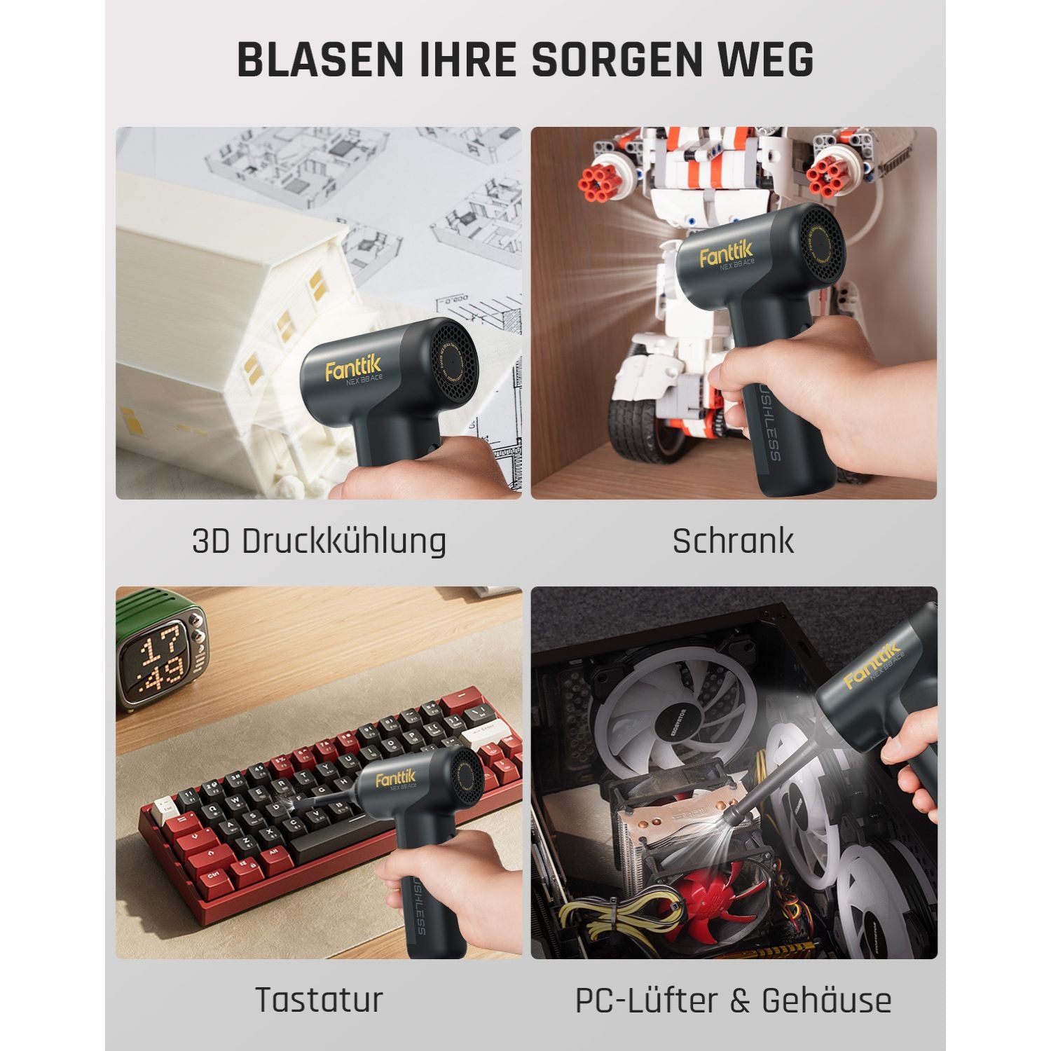Fanttik B8 Ace Elektrische Staubgebläse Druckluftspray, 110000 U/min, Druckluft Compressed Air Duster mit 2600mAh Akku, Reinigungsbürste, LED-Licht, Staubgebläse für Tastatur, PC-Gehäuse, Schrank