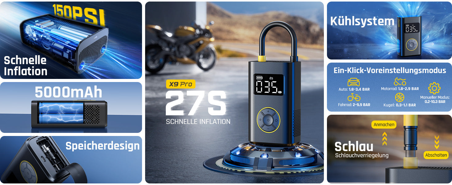 Fanttik X9 Pro Tragbare Elektronische Luftpumpe für Motorrad, 27s schnell aufblasen Elektrische Kompressor mit digitalem Reifendruckmesser, 150psi -Reifenfüller für Elektrofahrrad, Kompakt Auto, Ball