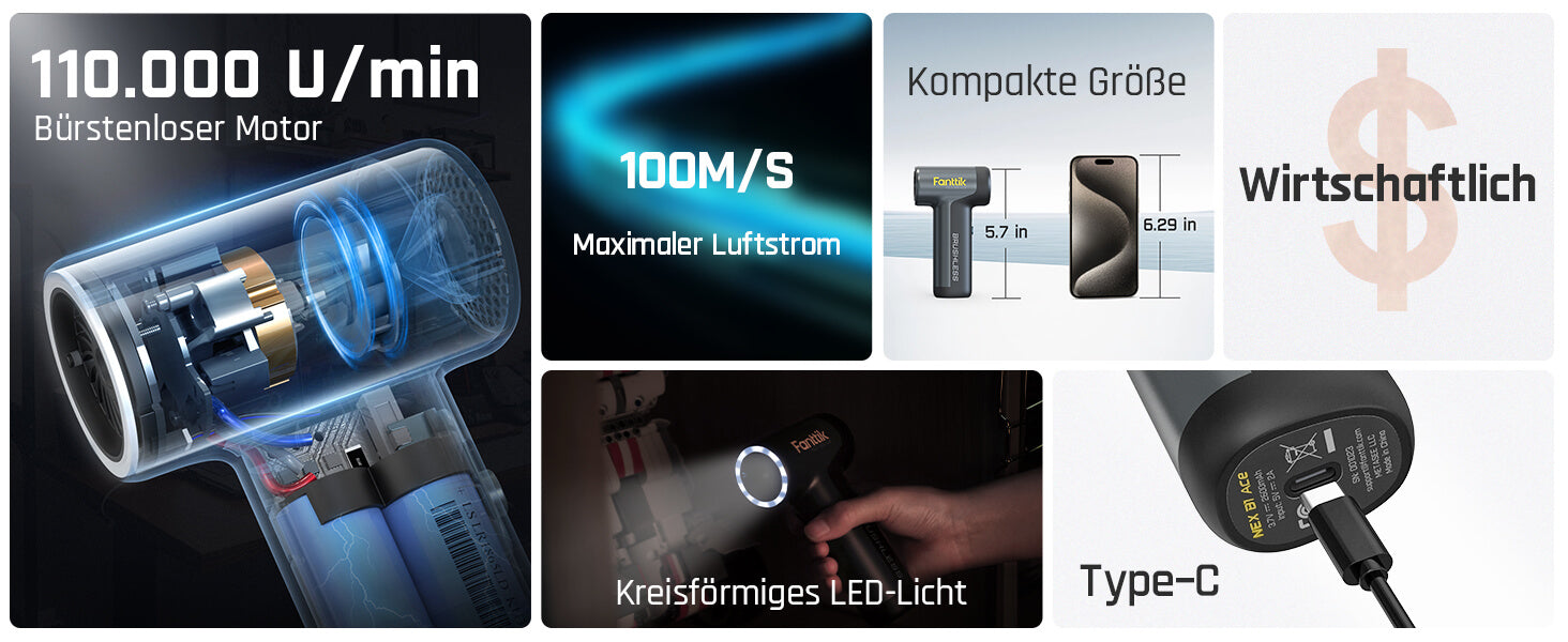 Fanttik B8 Ace Elektrische Staubgebläse Druckluftspray, 110000 U/min, Druckluft Compressed Air Duster mit 2600mAh Akku, Reinigungsbürste, LED-Licht, Staubgebläse für Tastatur, PC-Gehäuse, Schrank