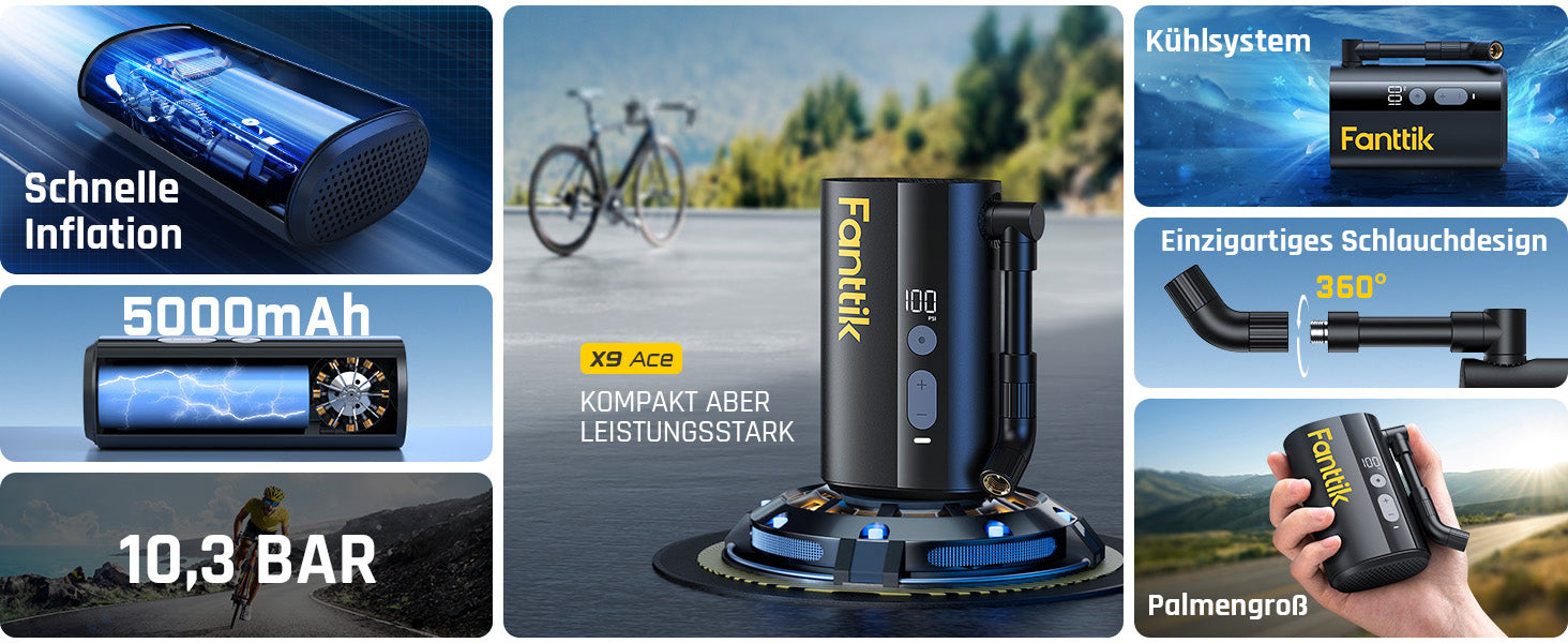 Fanttik X9 Ace Mini Fahrradpumpe, Akku Kompressor, 32s Schnellaufblasbare Elektrische Fahrradpumpe, 150 PSI Luftpumpe mit Presta- und Schrader-Ventil, für Rennrad, Mountainbike, E-Bike, Stadtrad