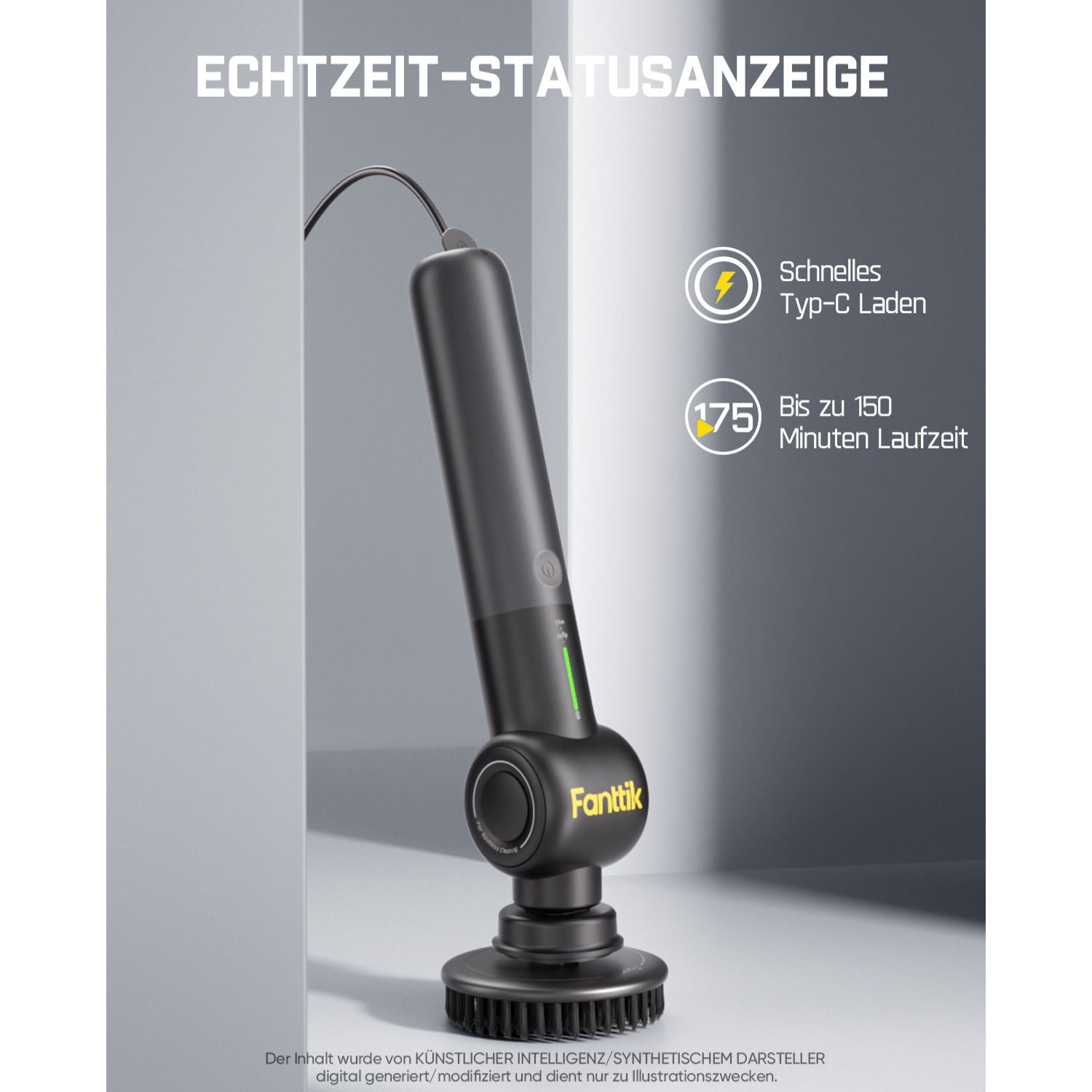 Fanttik Flip G9 Pro Elektrische Reinigungsbürste, VoltiPulse Motor, Dual-Speed, 6 Bürstenköpfe, Flexibler Winkel & Ausziehbarer Griff, IPX7 Wasserdicht, Typ-C Ladung für Boden, Fliesen, Fugen -Schwarz