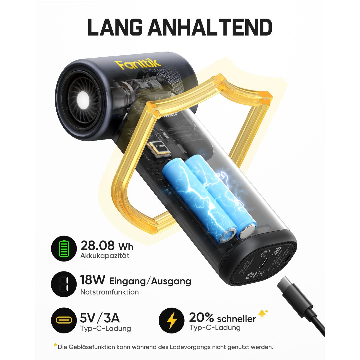 Das Gebläse besitzt einen leistungsstarken Akku mit **28,08 Wh Akkukapazität**. Es unterstützt eine 18‑Watt‑Eingangs‑ und Ausgangsleistung** und hat eine Notstromfunktion als Powerbank. Die Aufladung erfolgt über Typ‑C mit 5 V / 3 A, die Ladegeschwindigkeit ist um **20 % schneller