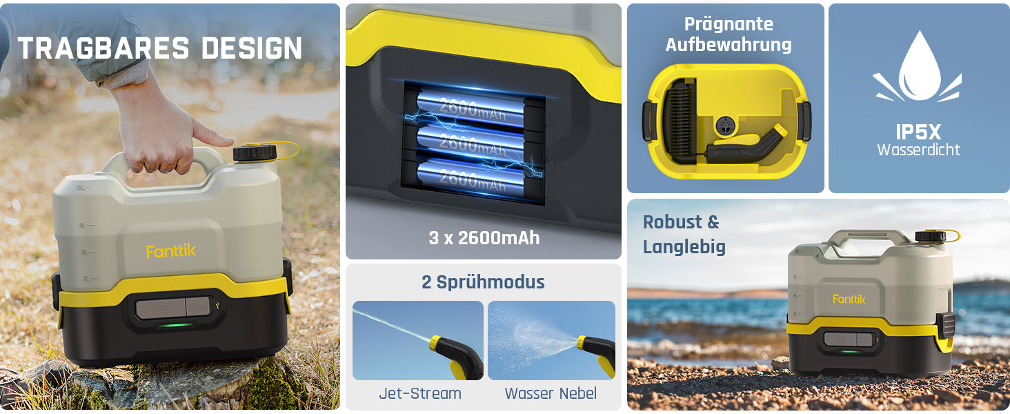 Fanttik NB8 Nano Tragbarer kabelloser elektrischer Hochdruckreiniger mit 2,1 Gallonen Tank, Einziehbarem Sprühkopf, 2600 mAh, Waschmaschine für Terrassengarten, Campingdusche und Haustierreinigung
