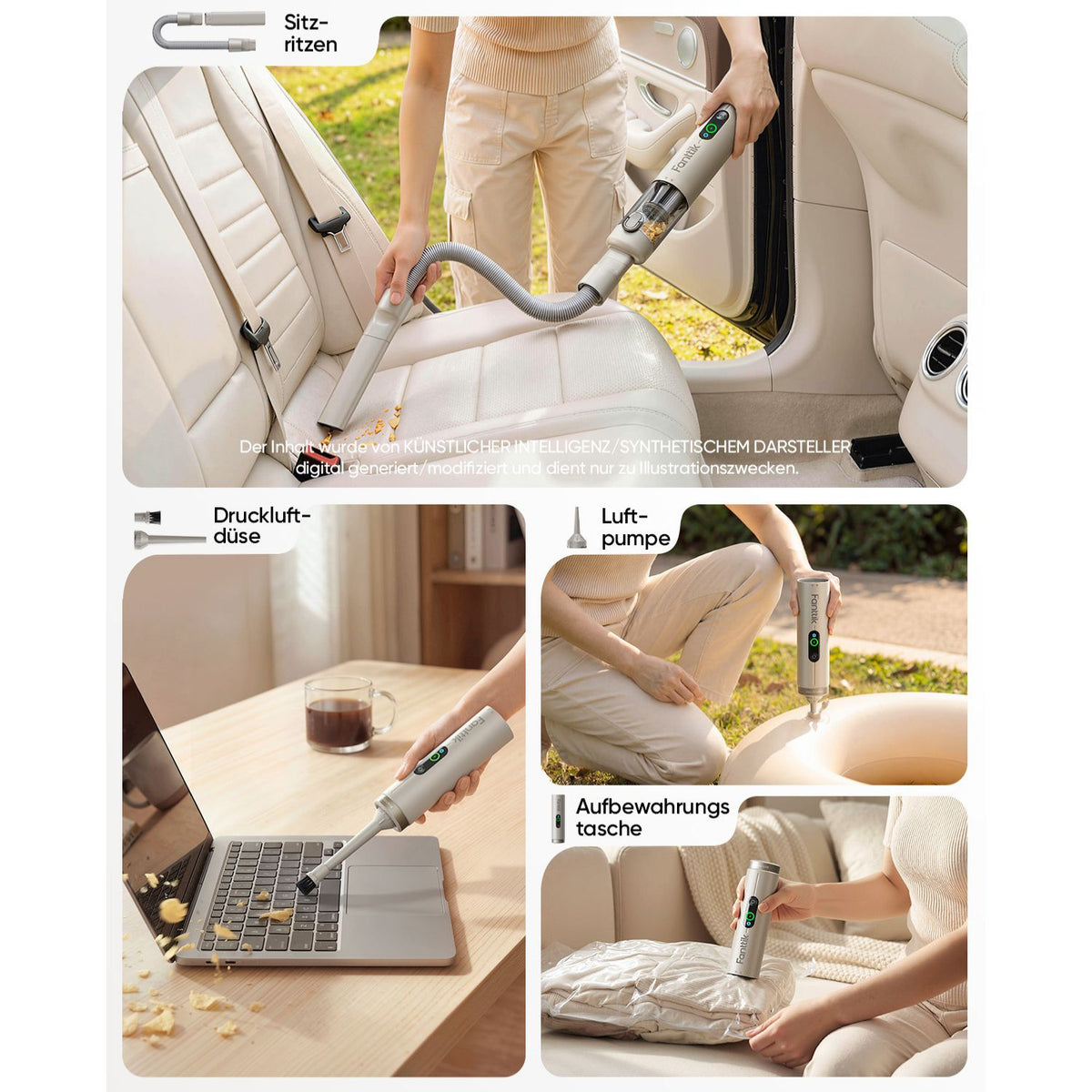 Fanttik Slim V10 Ultra kabelloser Autostaubsauger, 4-in-1 Mini Handstaubsauger mit 19 kPa Saugkraft, frei kombinierbarem Zubehör, 2 Saugmodi für Auto, kleine Arbeiten, Tastatur und Büro
