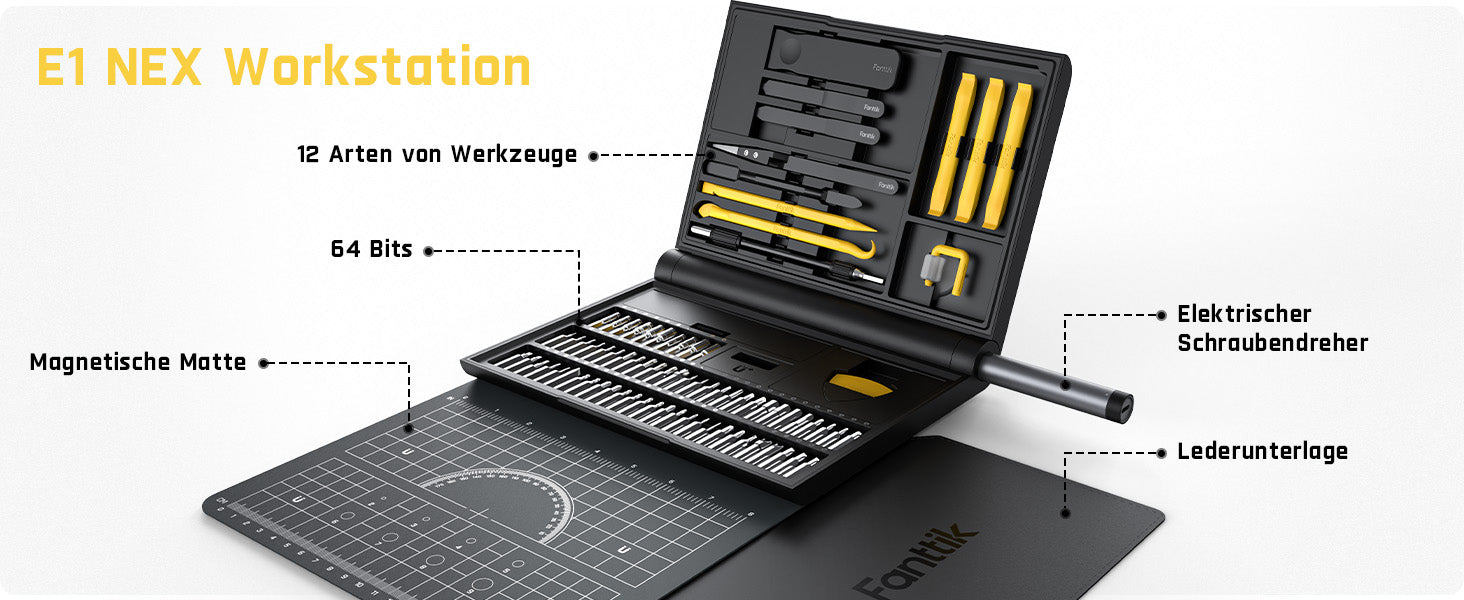 Fanttik E1 NEX Workstation Präzisions-Schraubendreher-Set, 64 magnetische Bits, 12 Arten von Fixierwerkzeugen, 2 Drehmoment, max. 3 N.m, Reparaturwerkzeug für Telefon, Laptop, Kameras, Uhren