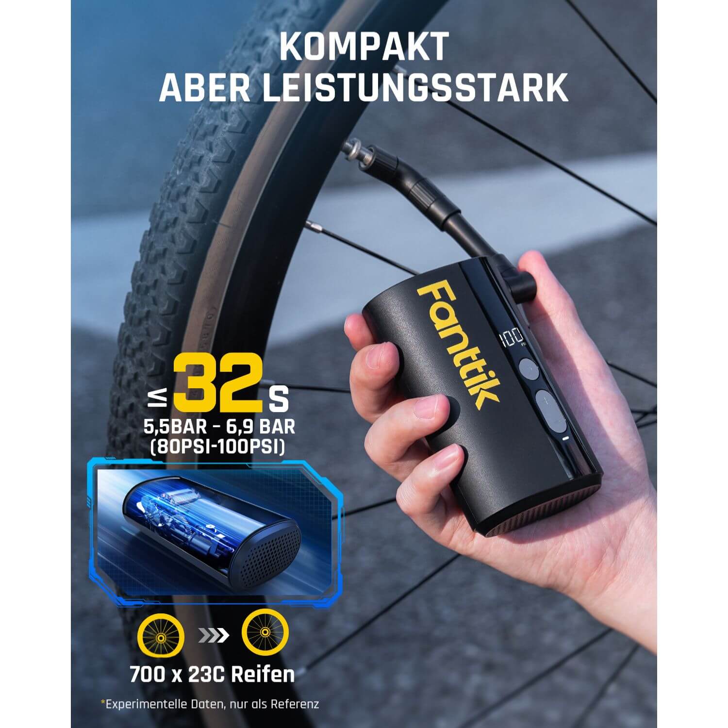 Fanttik X9 Ace Mini Fahrradpumpe, Akku Kompressor, 32s Schnellaufblasbare Elektrische Fahrradpumpe, 150 PSI Luftpumpe mit Presta- und Schrader-Ventil, für Rennrad, Mountainbike, E-Bike, Stadtrad
