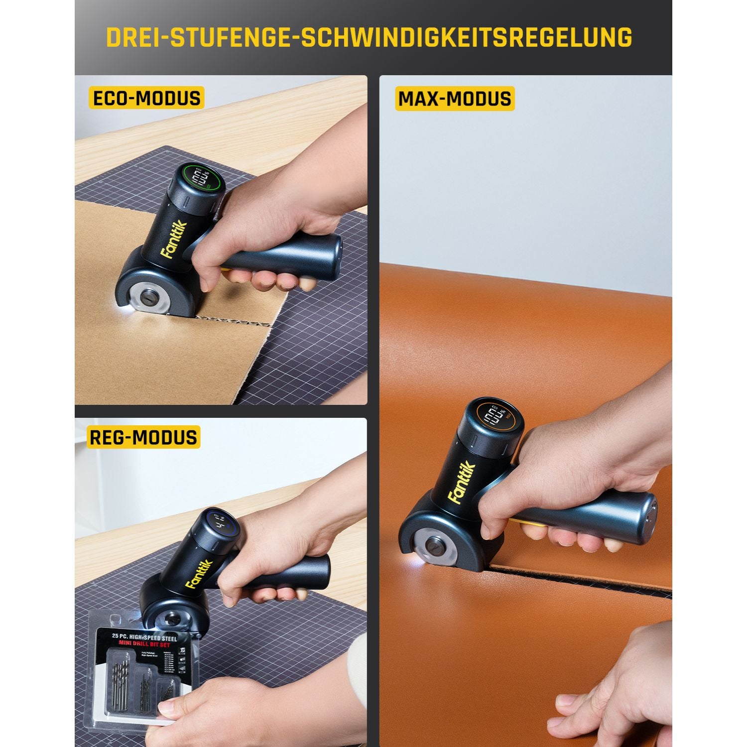 Fanttik C8 Nano Elektrische Schere, Kartonschneider Elektrisch mit Bildschirm, LED-Licht, 3 Geschwindigkeitsstufen, Wiederaufladbarer Akku, Geeignet für Stoffe, Teppiche, Leder, Kartons - Schwarz