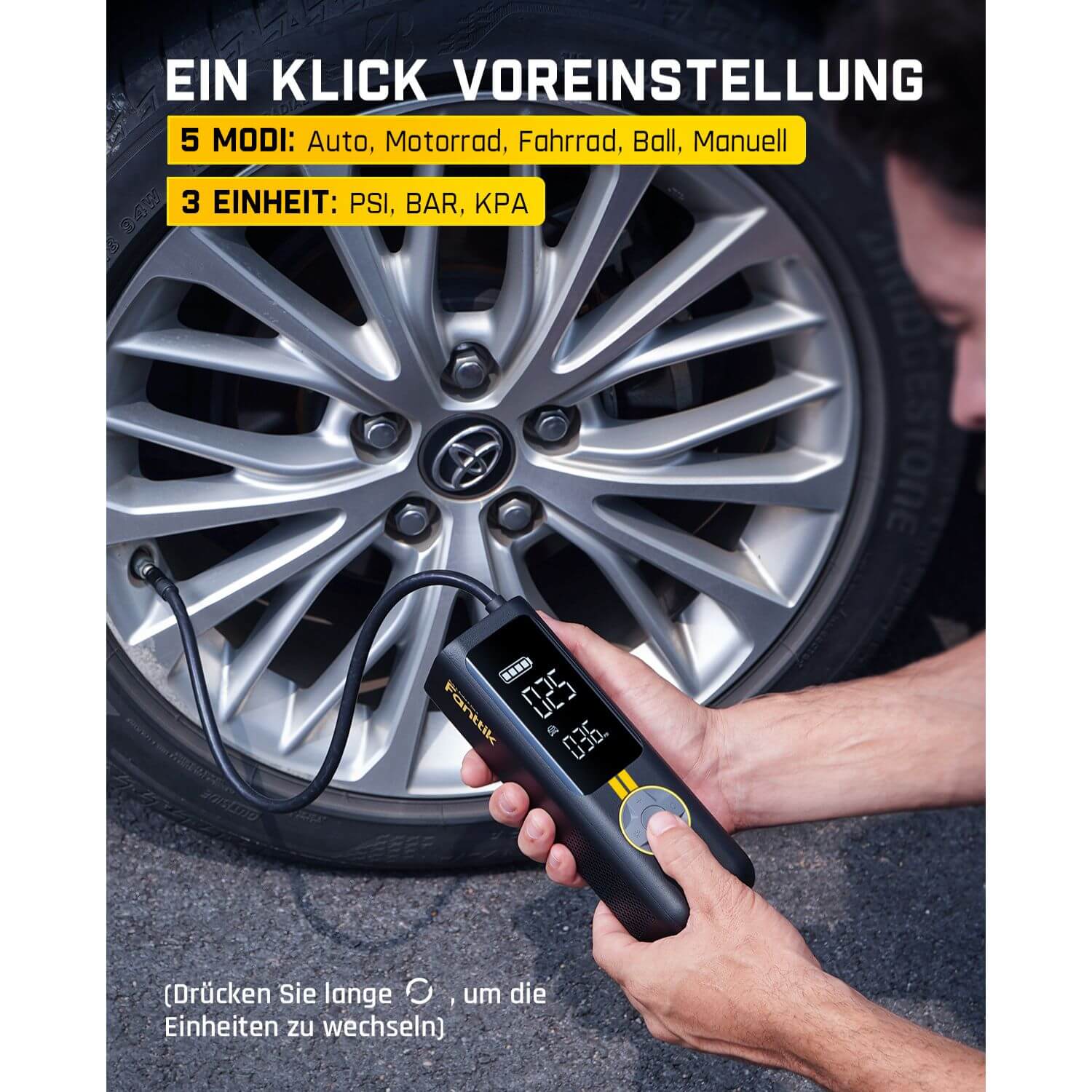 Fanttik X8 APEX Tragbare Elektronische Luftpumpe 12V mit 7800mAh, 10,3BAR / 150PSI Elektrischer Kompressor 2X Schneller, Dualer Bildschirm mit LED, für Auto, E-Bike, Motorrad, Ball