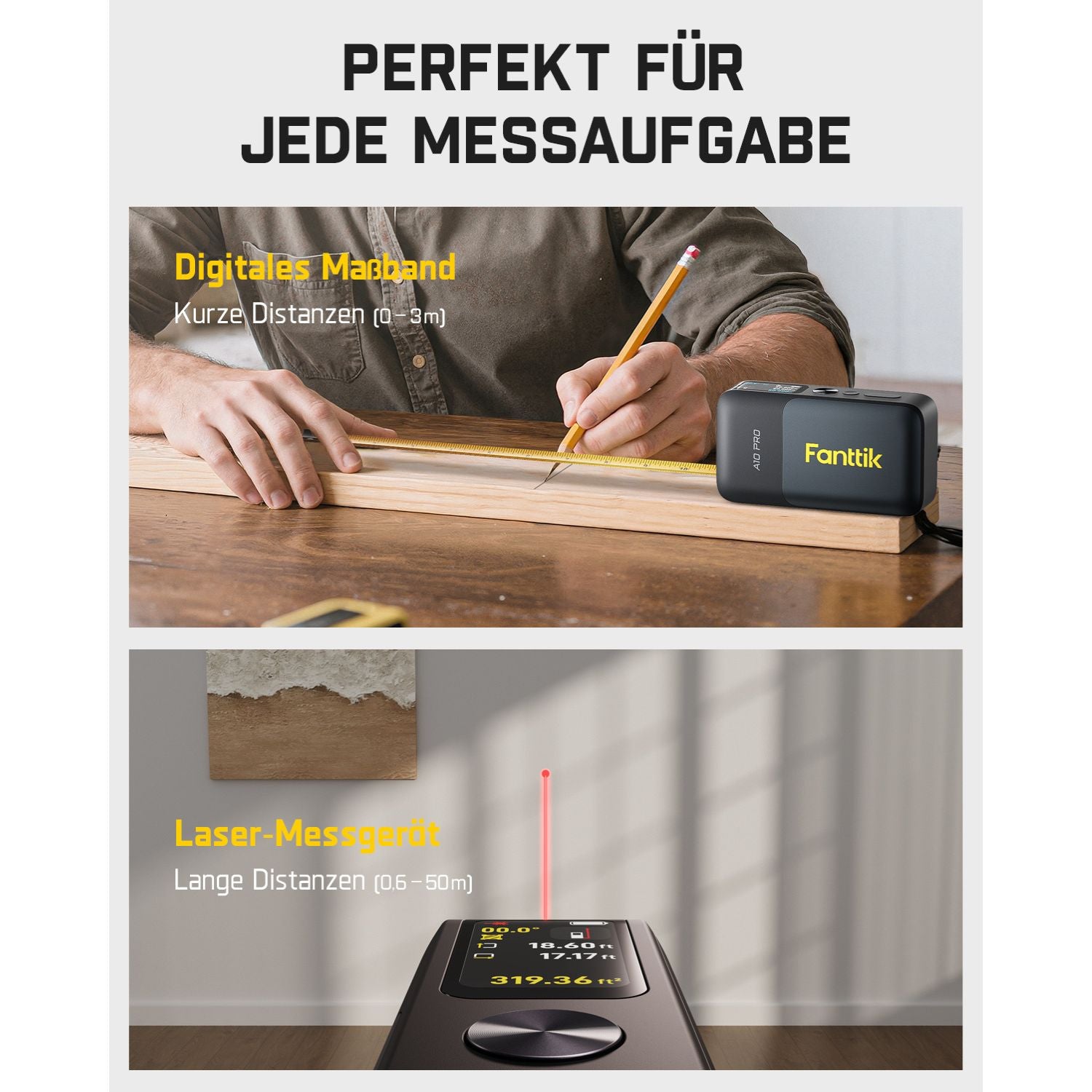 Fanttik A10 Pro 2-in-1 Digitales Laser Entfernungsmesser mit HD IPS-Farbdisplay, Wiederaufladbar 50m Laserentfernungsmesser & 3m Maßband, 6 Einheiten wählbar, Für Entfernung/Fläche/Volumen