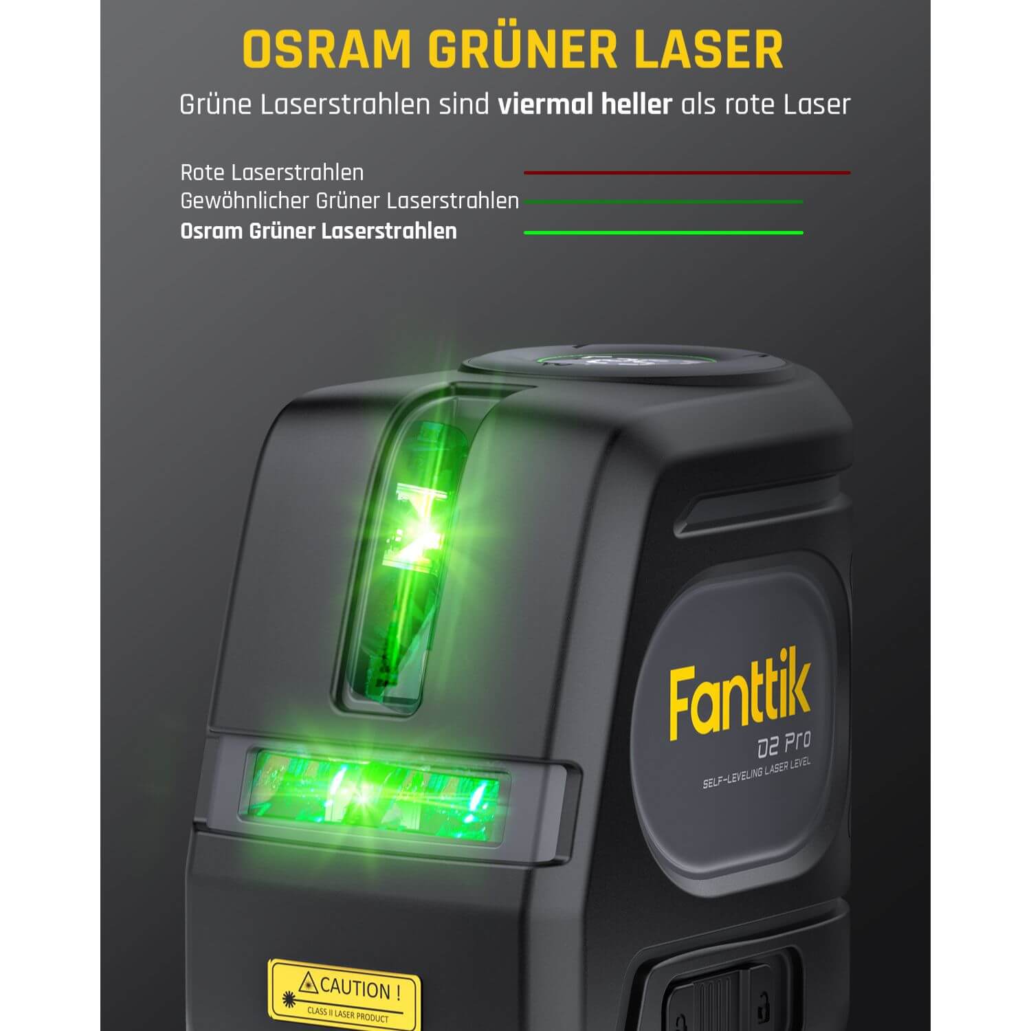 Fanttik D2 PRO Selbstnivellierend Kreuzlinienlaser mit LED-Bildschirm, 130° Vertikale Abstrahlwinkel, Umschaltbar Horizontal/Vertikal, USB-Aufladung, 2600 mAh Batterie, 30 m Arbeitsbereich, Pulsmodus