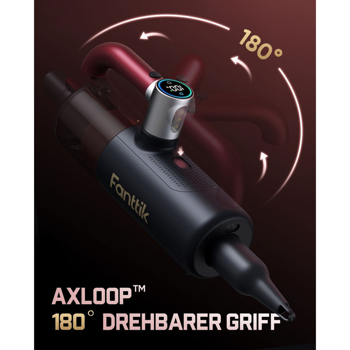 Dieses Bild stellt den AXLOOP™ Griff des Fanttik Cruise V11 APEX vor. Der Griff lässt sich um 180 Grad drehen. Dadurch ist eine ergonomische Bedienung bei jeder Reinigungsstellung möglich, auch in engen Winkeln. Am Griff befindet sich zudem das Bedien-Display mit Statusanzeigen.