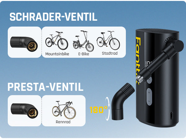 Fanttik X9 Ace Mini Fahrradpumpe, Akku Kompressor, 32s Schnellaufblasbare Elektrische Fahrradpumpe, 150 PSI Luftpumpe mit Presta- und Schrader-Ventil, für Rennrad, Mountainbike, E-Bike, Stadtrad