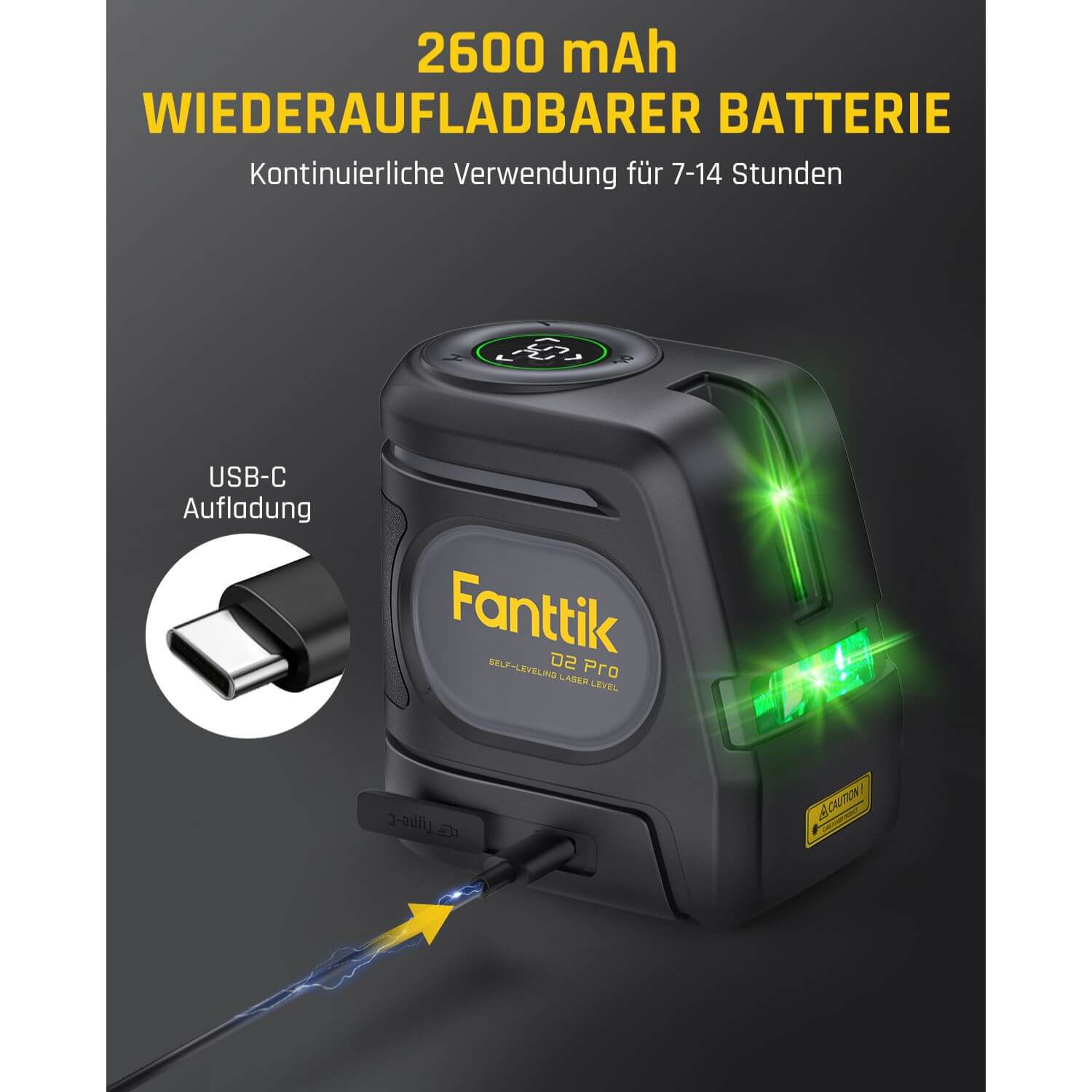Fanttik D2 PRO Selbstnivellierend Kreuzlinienlaser mit LED-Bildschirm, 130° Vertikale Abstrahlwinkel, Umschaltbar Horizontal/Vertikal, USB-Aufladung, 2600 mAh Batterie, 30 m Arbeitsbereich, Pulsmodus
