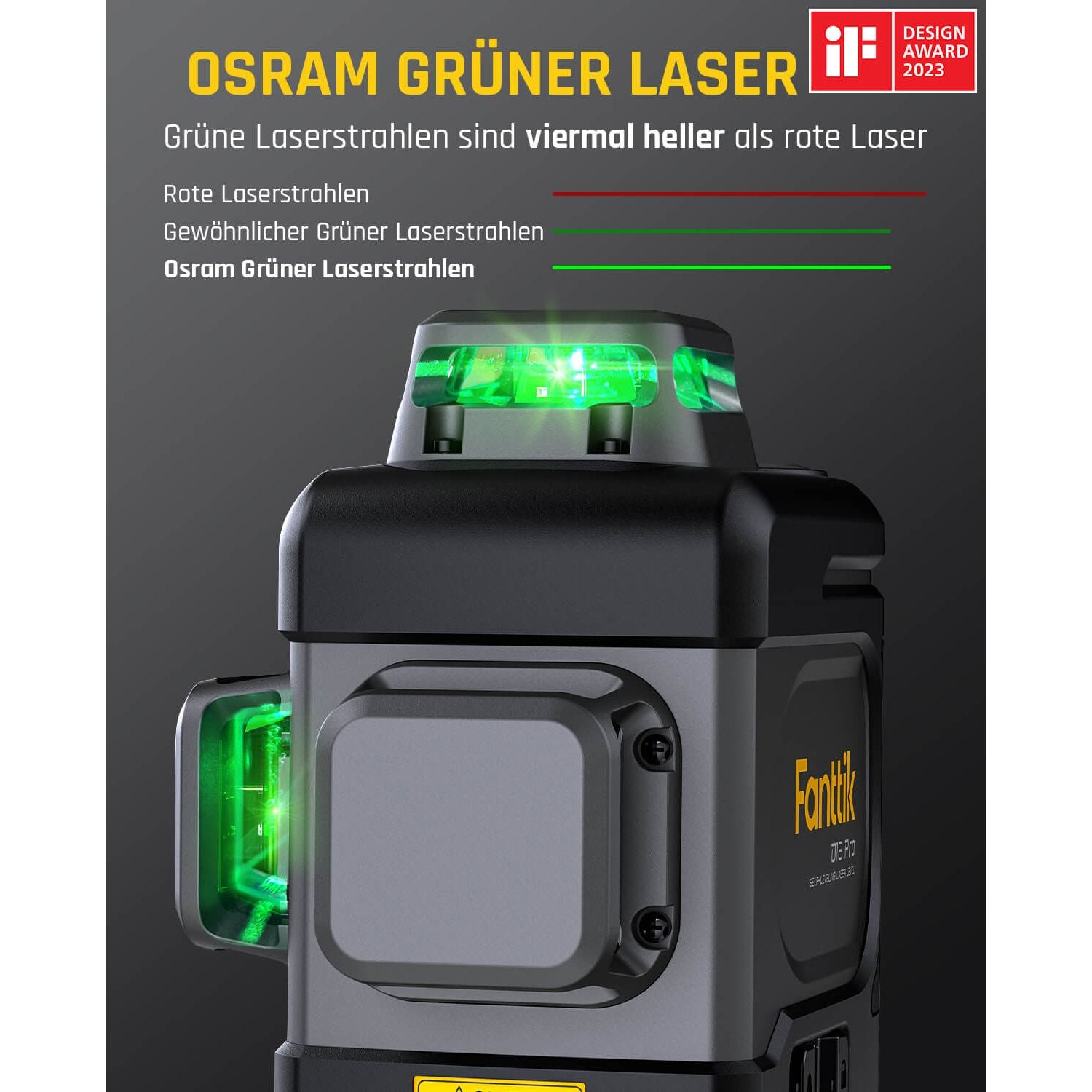 Fanttik D12 PRO Selbstnivellierend Kreuzlinienlaser 3×360°, Grün Linienlaser mit LED-Bildschirm, USB-Aufladung, 5200 mAh Batterie, Arbeitsbereich 30 m, Pulsmodus, für Baustelle/Inneneinrichtung
