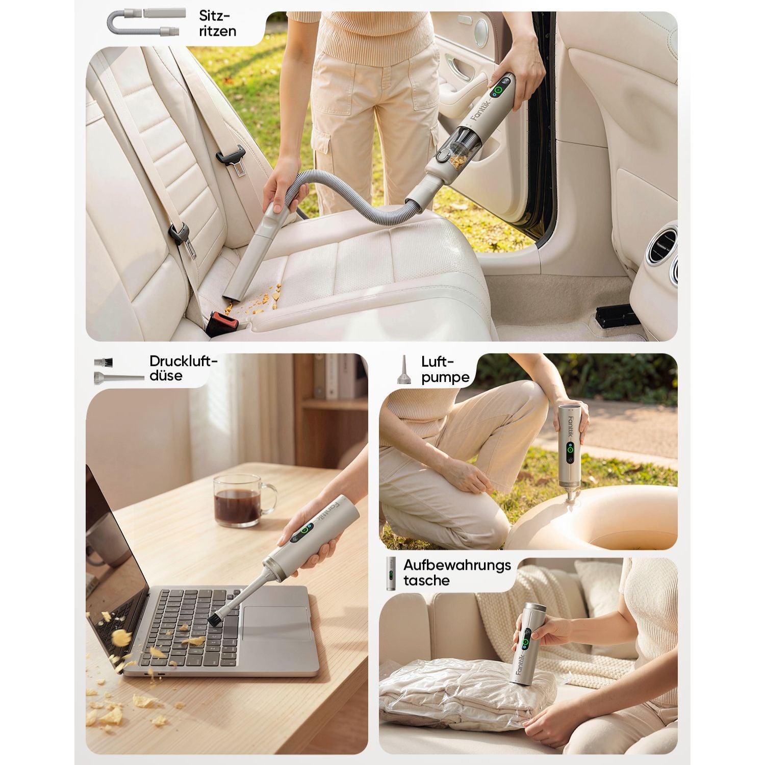 Fanttik Slim V10 Ultra kabelloser Autostaubsauger, 4-in-1 Mini Handstaubsauger mit 19 kPa Saugkraft, frei kombinierbarem Zubehör, 2 Saugmodi für Auto, kleine Arbeiten, Tastatur und Büro