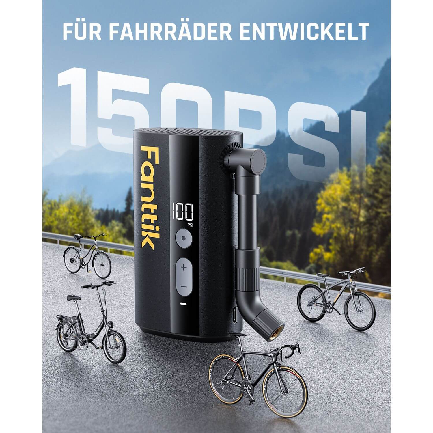 Fanttik X9 Ace Mini Fahrradpumpe, Akku Kompressor, 32s Schnellaufblasbare Elektrische Fahrradpumpe, 150 PSI Luftpumpe mit Presta- und Schrader-Ventil, für Rennrad, Mountainbike, E-Bike, Stadtrad