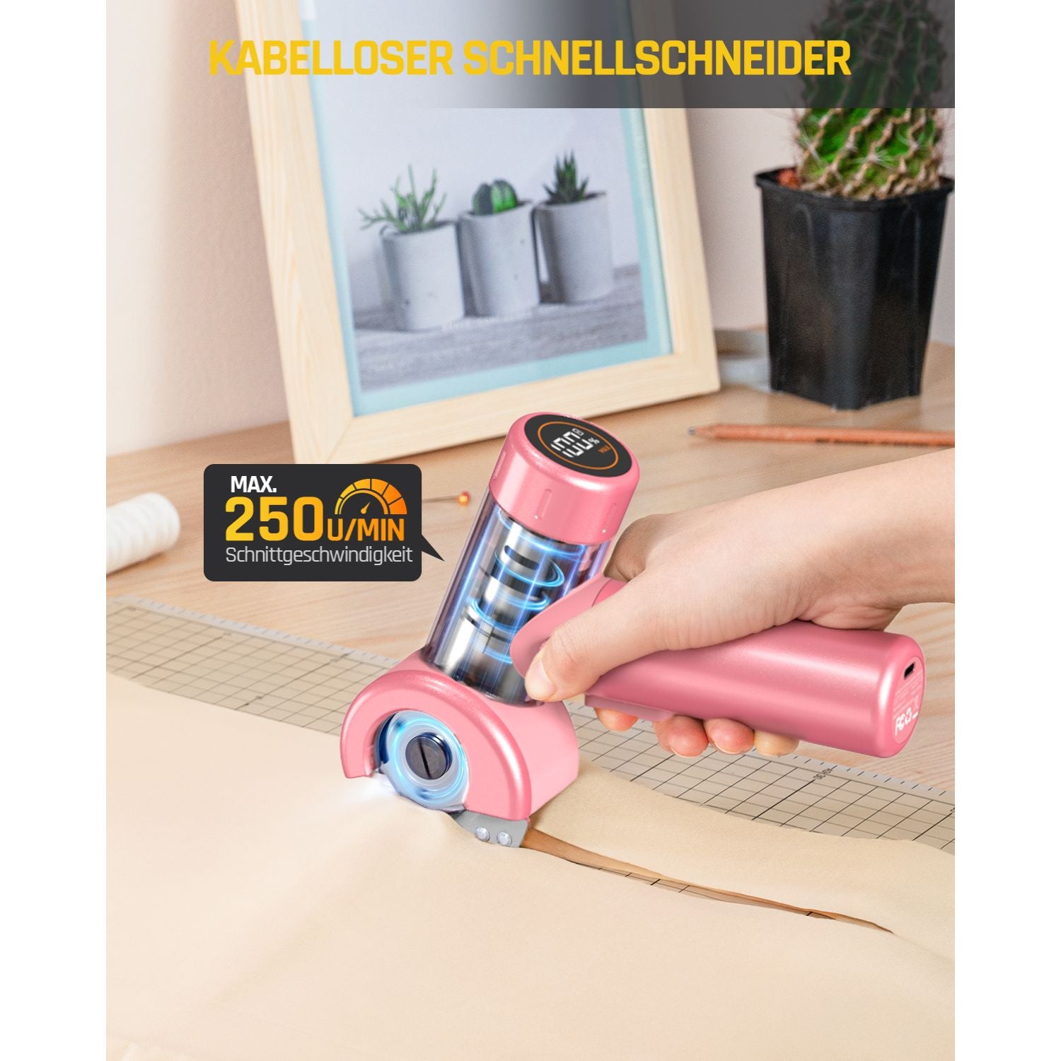 Fanttik C8 Nano Elektrische Schere, Kartonschneider Elektrisch mit Bildschirm, LED-Licht, 3 Geschwindigkeitsstufen, Wiederaufladbarer Akku, Geeignet für Stoffe, Teppiche, Leder, Kartons - Rosa