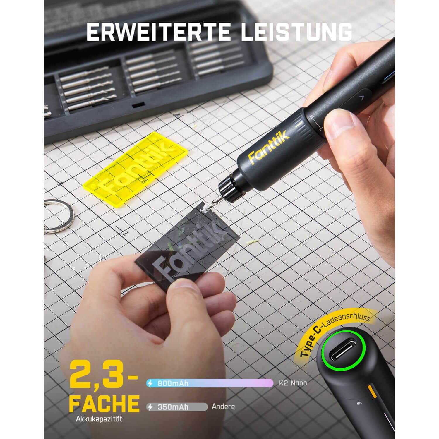 Fanttik K2 Nano 3,7 V Elektro-Mini-Bohrstift, Mini Bohrmaschine mit 20 Bohrern, 800-mAh-Akku, DIY Handbohrer Elektrisch Set für Gehäuse Kunststoff Harz Schmuckherstellung Leiterplatten Aluminiumbleche