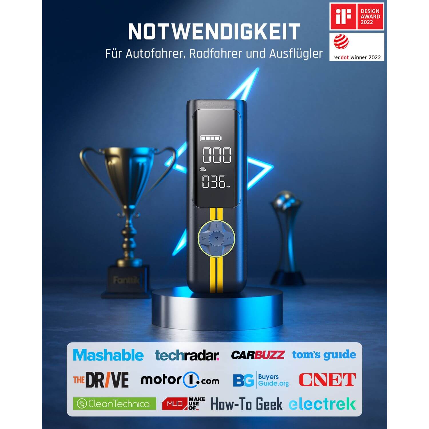 Fanttik X8 APEX Tragbare Elektronische Luftpumpe 12V mit 7800mAh, 10,3BAR / 150PSI Elektrischer Kompressor 2X Schneller, Dualer Bildschirm mit LED, für Auto, E-Bike, Motorrad, Ball