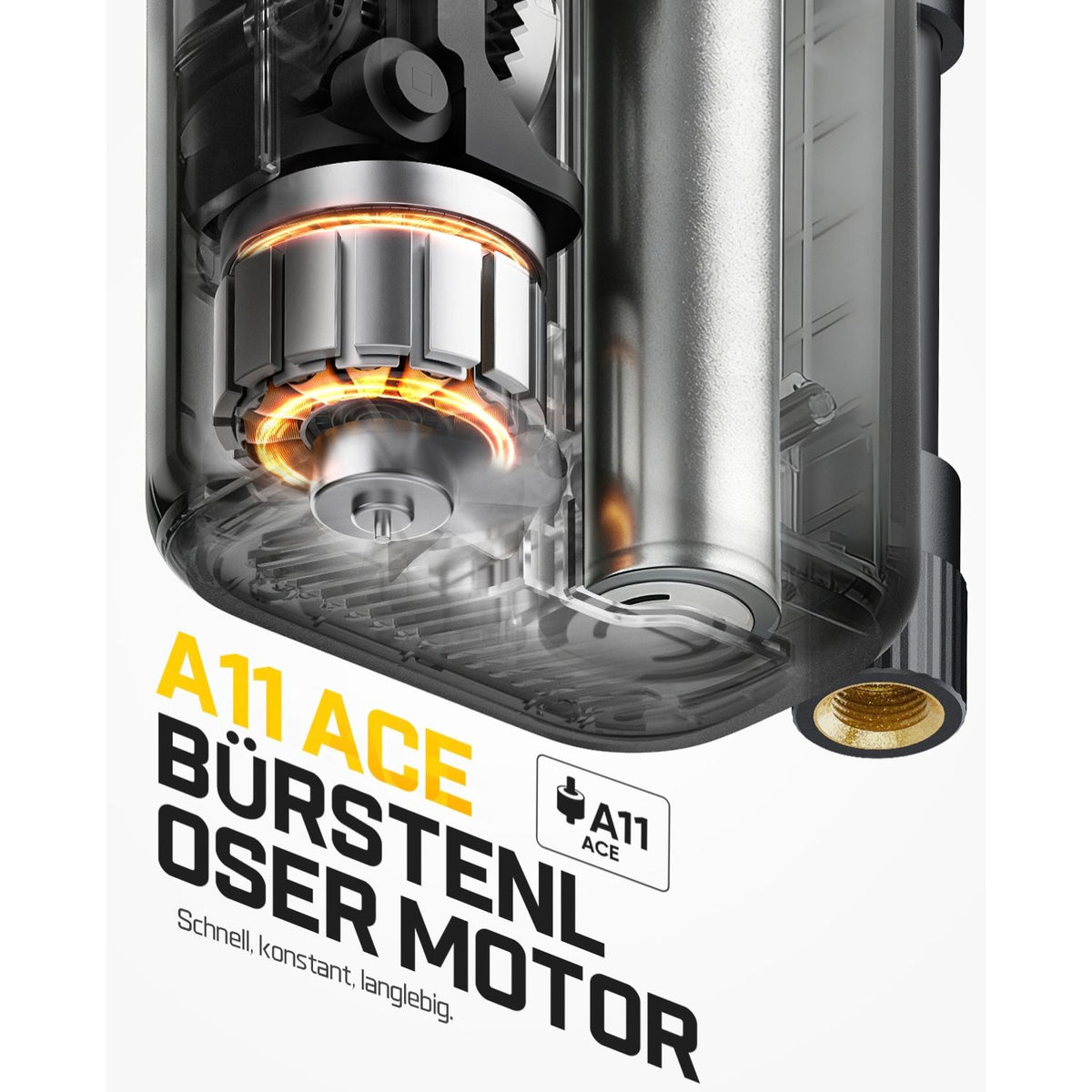 Schnittbild des A11 Ace bürstenlosen Motors. Der bürstenlose Motor zeichnet sich durch schnelle Aufbläsgeschwindigkeit, konstanten Druck und eine lange Lebensdauer aus. Man erkennt den Motoraufbau sowie den integrierten Akku im Inneren des Gehäuses.
