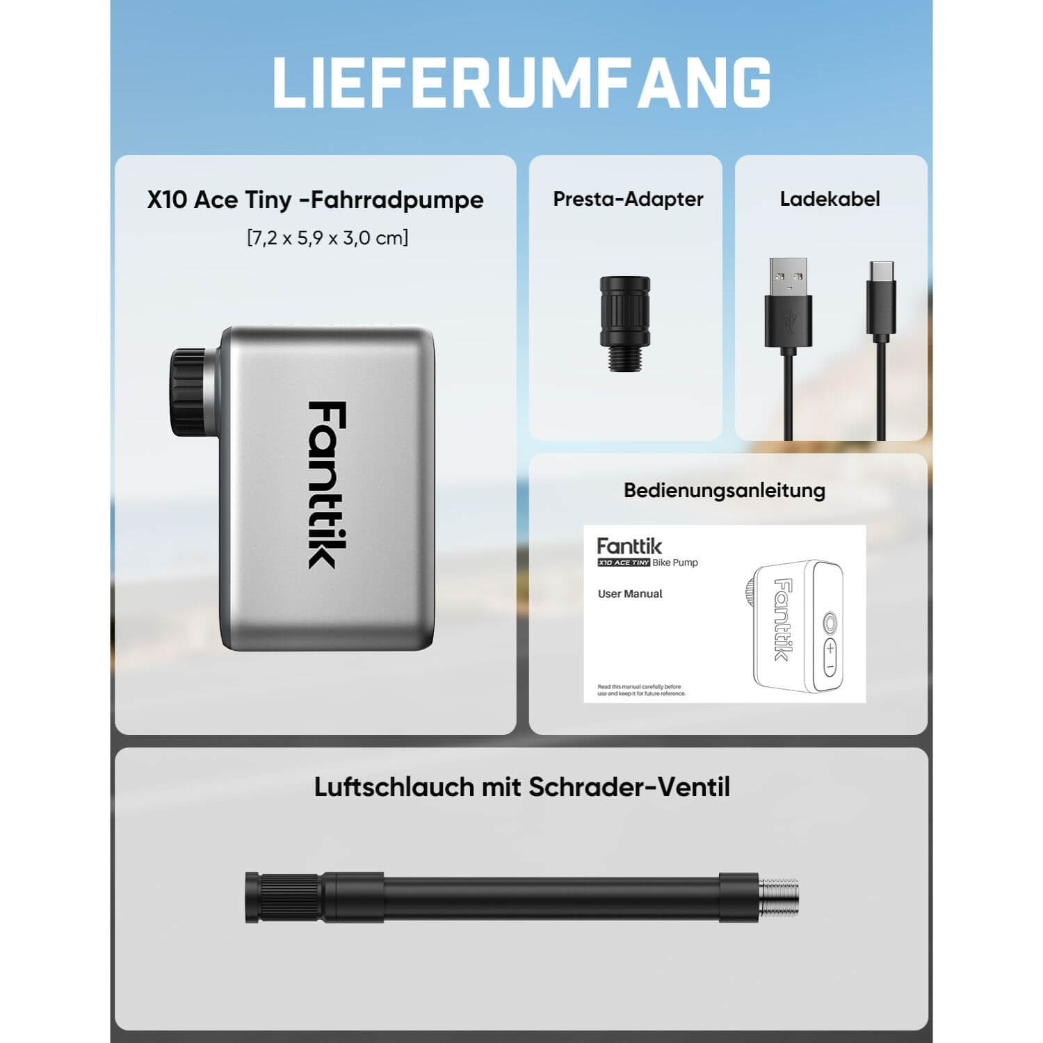 Fanttik X10 Ace Tiny Mini-Elektrofahrradpumpe, 120 PSI Kompaktluftpumpe mit Presta- und Schrader-Ventil, Schnellaufblasbare Elektrofahrradpumpe Tragbar für Rennräder