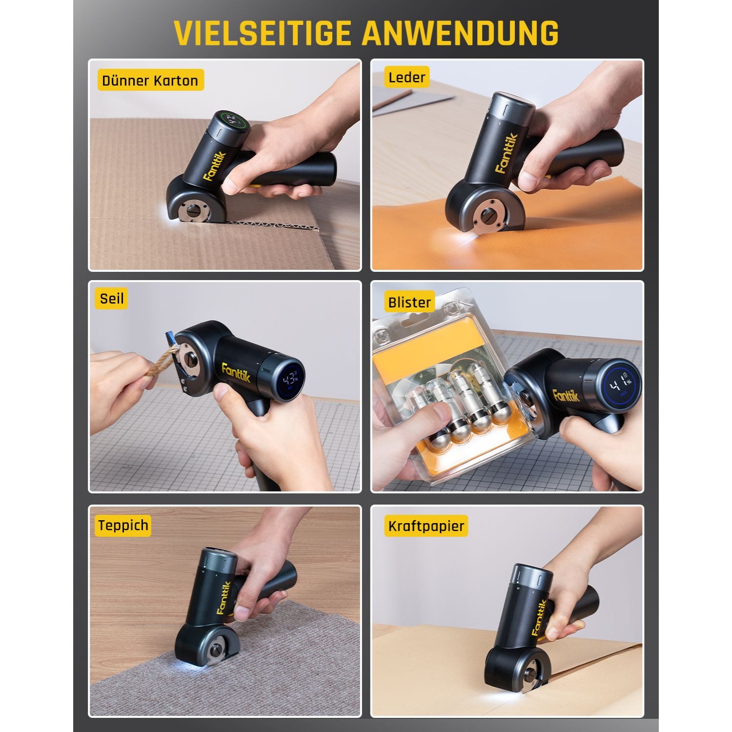 Fanttik C8 Nano Elektrische Schere, Kartonschneider Elektrisch mit Bildschirm, LED-Licht, 3 Geschwindigkeitsstufen, Wiederaufladbarer Akku, Geeignet für Stoffe, Teppiche, Leder, Kartons - Schwarz
