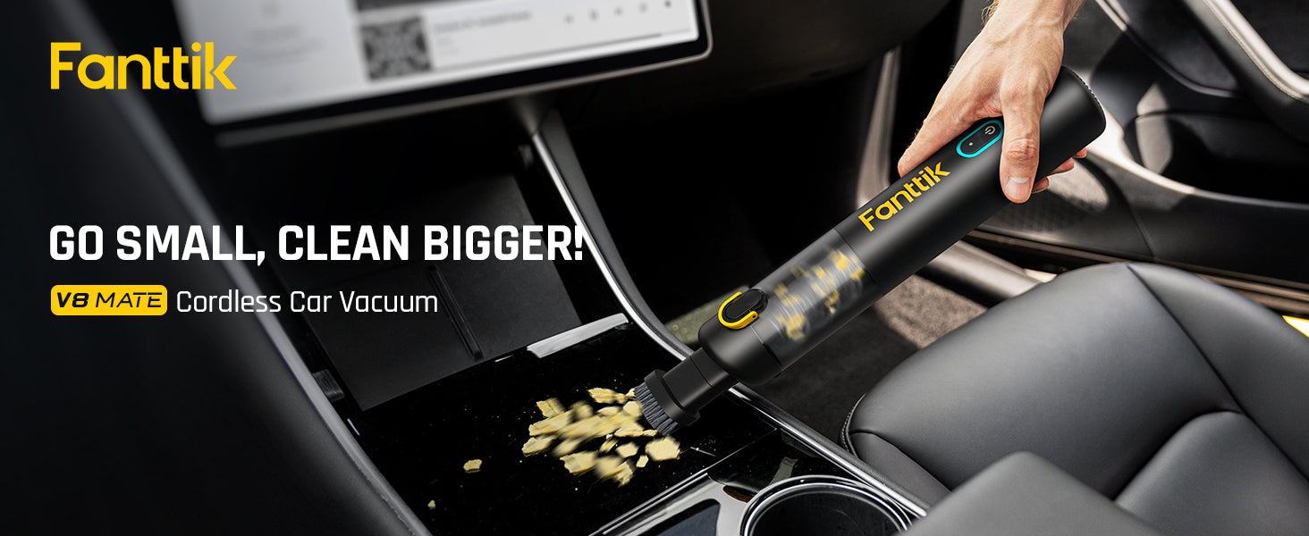 Fanttik Slim V8 Mate Akku-Autostaubsauger mit Hoher Leistung, 12000 Pa/30 AW, RobustClean™ Tragbarer Staubsauger mit flexiblem Schlauch und Haustierbürste für die Innenreinigung von Autos
