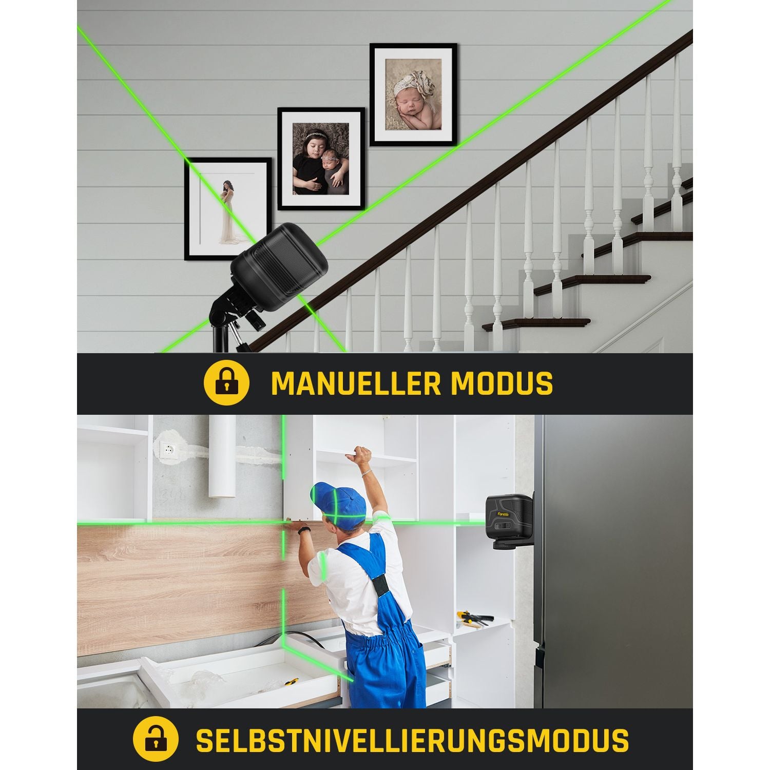 Fanttik D2 Selbstnivellierend Kreuzlinienlaser, Grün Linienlaser, USB-Aufladung, Wiederaufladbarer Batterie, 30 m Arbeitsbereich, Pulsmodus, Magnetische Halterung, IP54, für Bildaufhängen/DIY, Grün